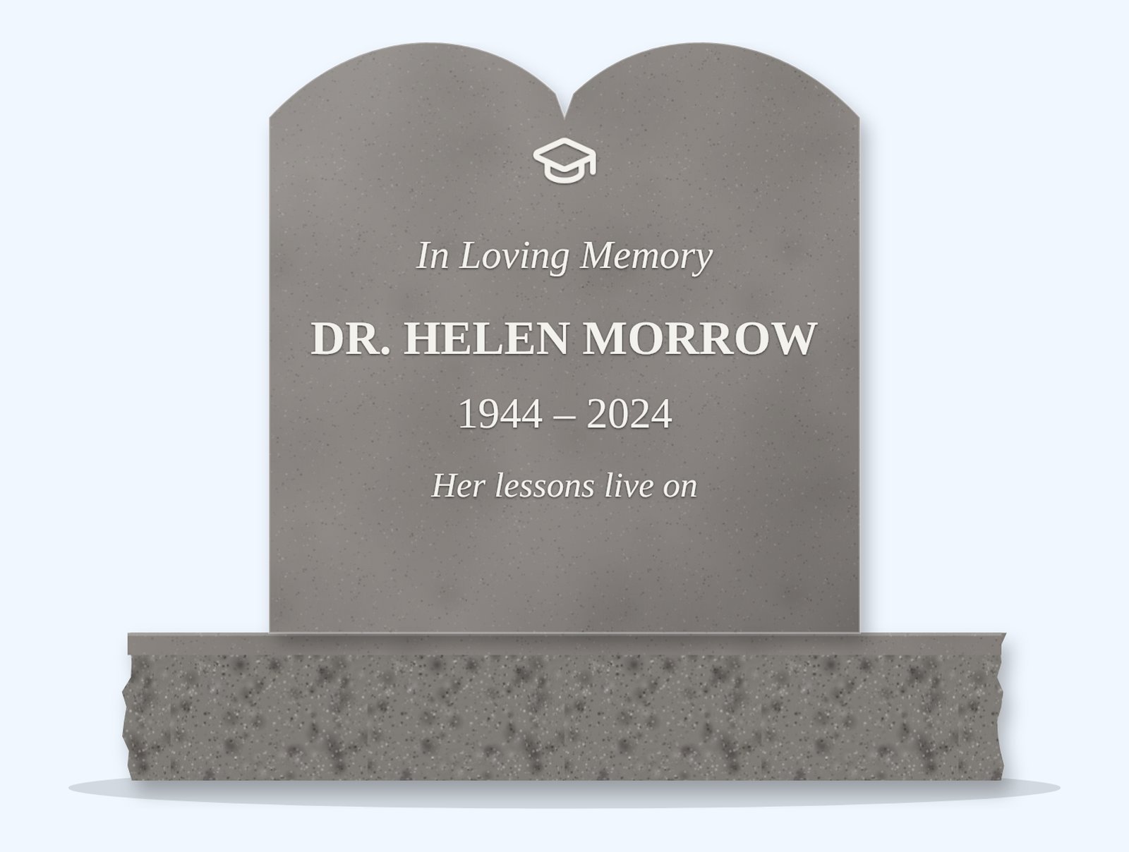 Indian Grey open book headstone on a granite base, engraved for Dr. Helen Morrow