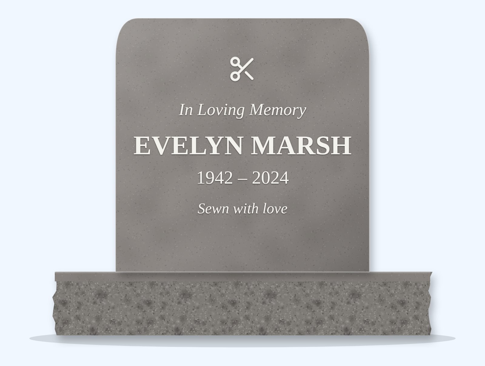 Indian Grey rounded top headstone on a granite base, engraved for Evelyn Marsh