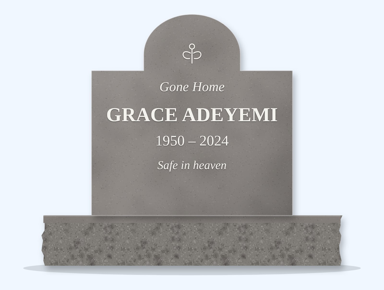 Indian Grey cathedral headstone on a granite base, engraved for Grace Adeyemi