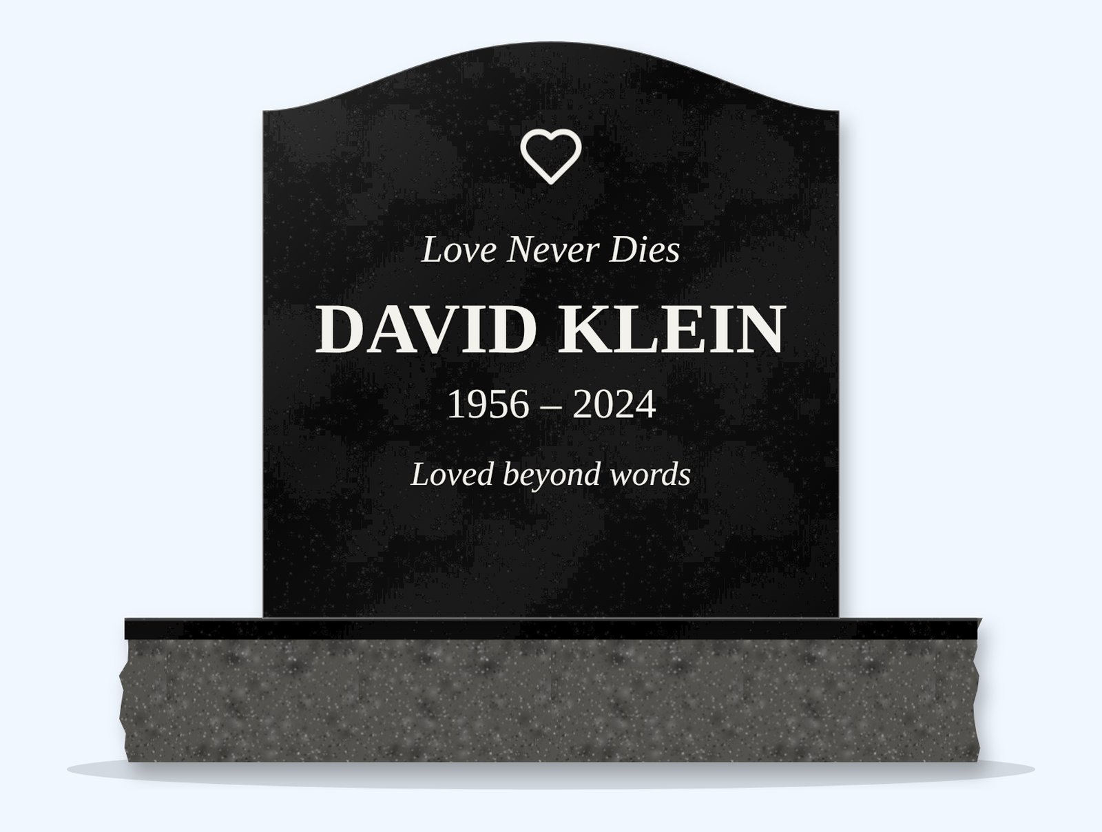 Absolute Black serpentine headstone on a granite base, engraved for David Klein