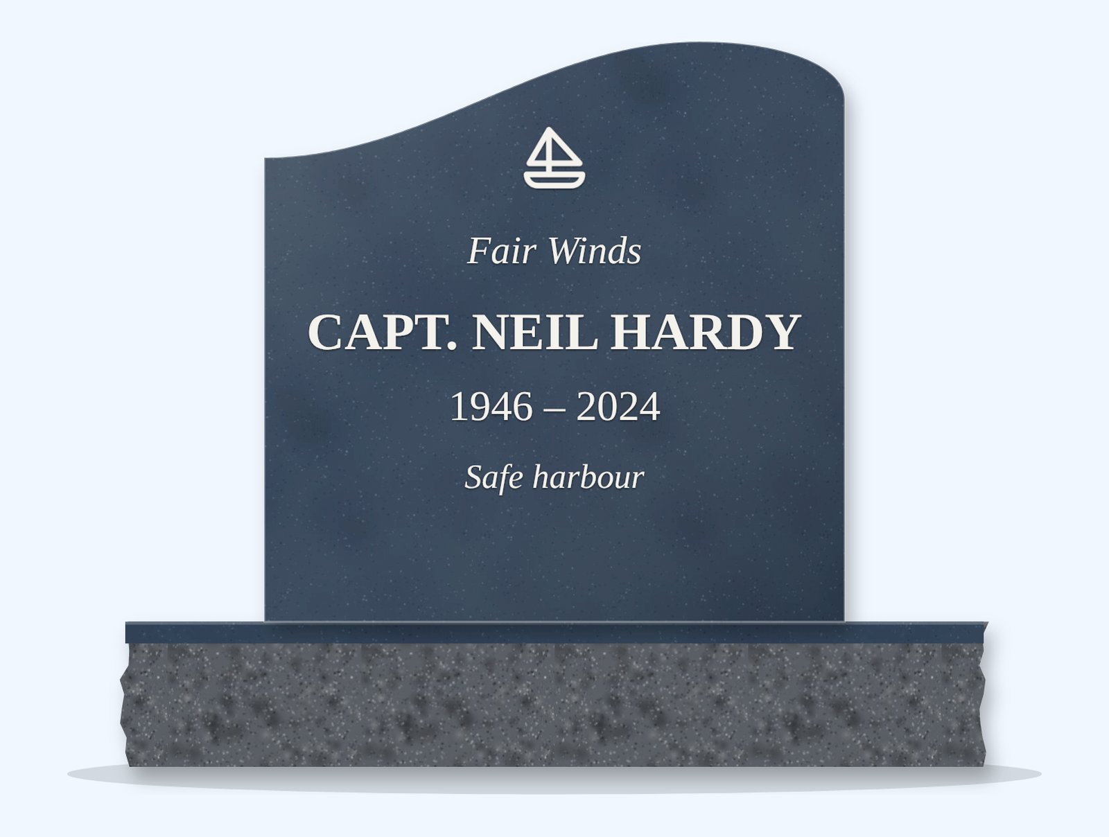 Bahamas Blue right wave headstone on a granite base, engraved for Capt. Neil Hardy