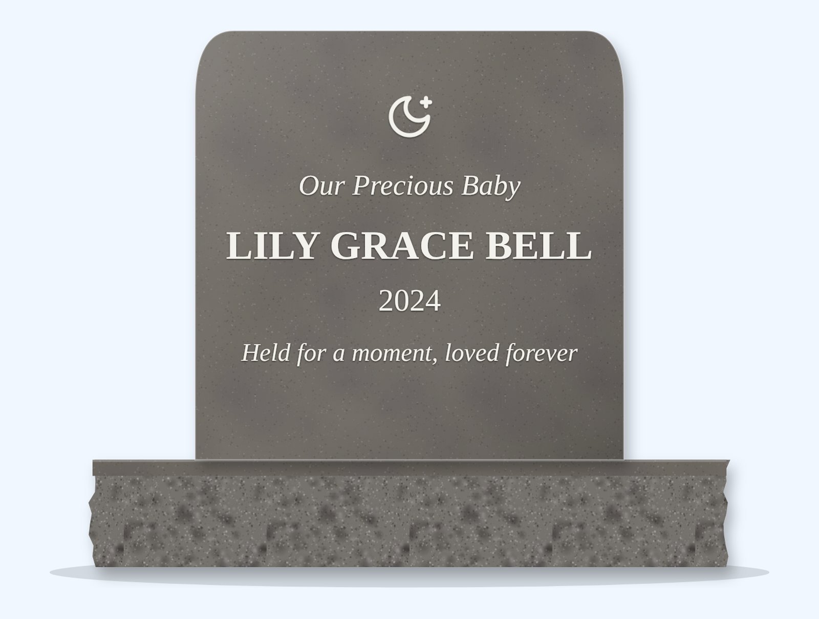 Steel Grey rounded top headstone on a granite base, engraved for Lily Grace Bell