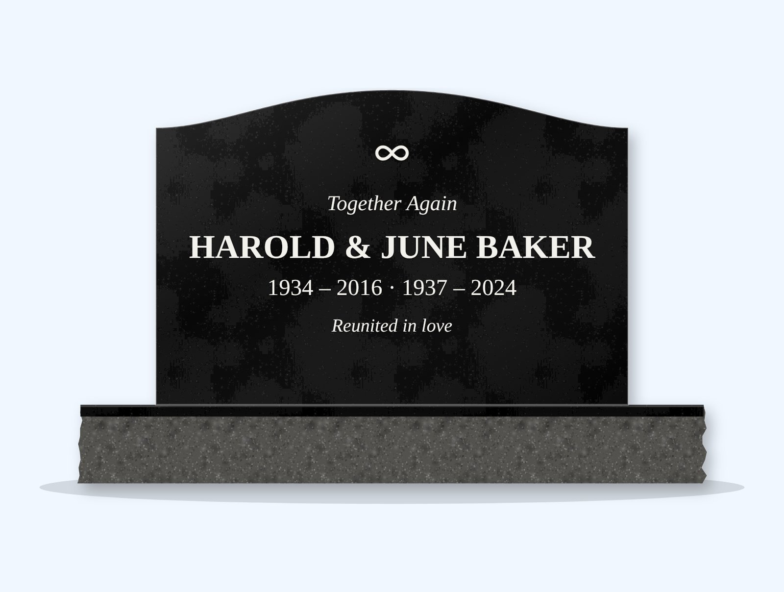 Absolute Black serpentine headstone on a granite base, engraved for Harold and June Baker