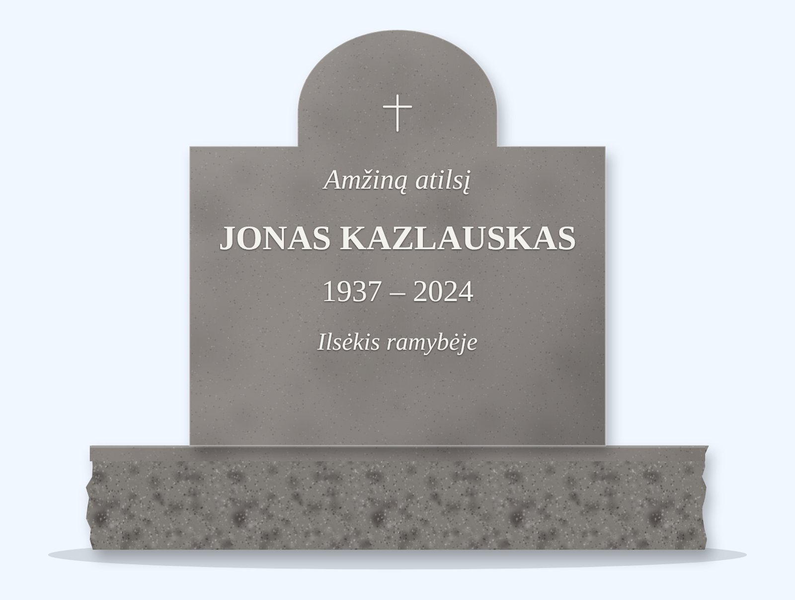 Indian Grey cathedral headstone on a granite base, engraved for Jonas Kazlauskas