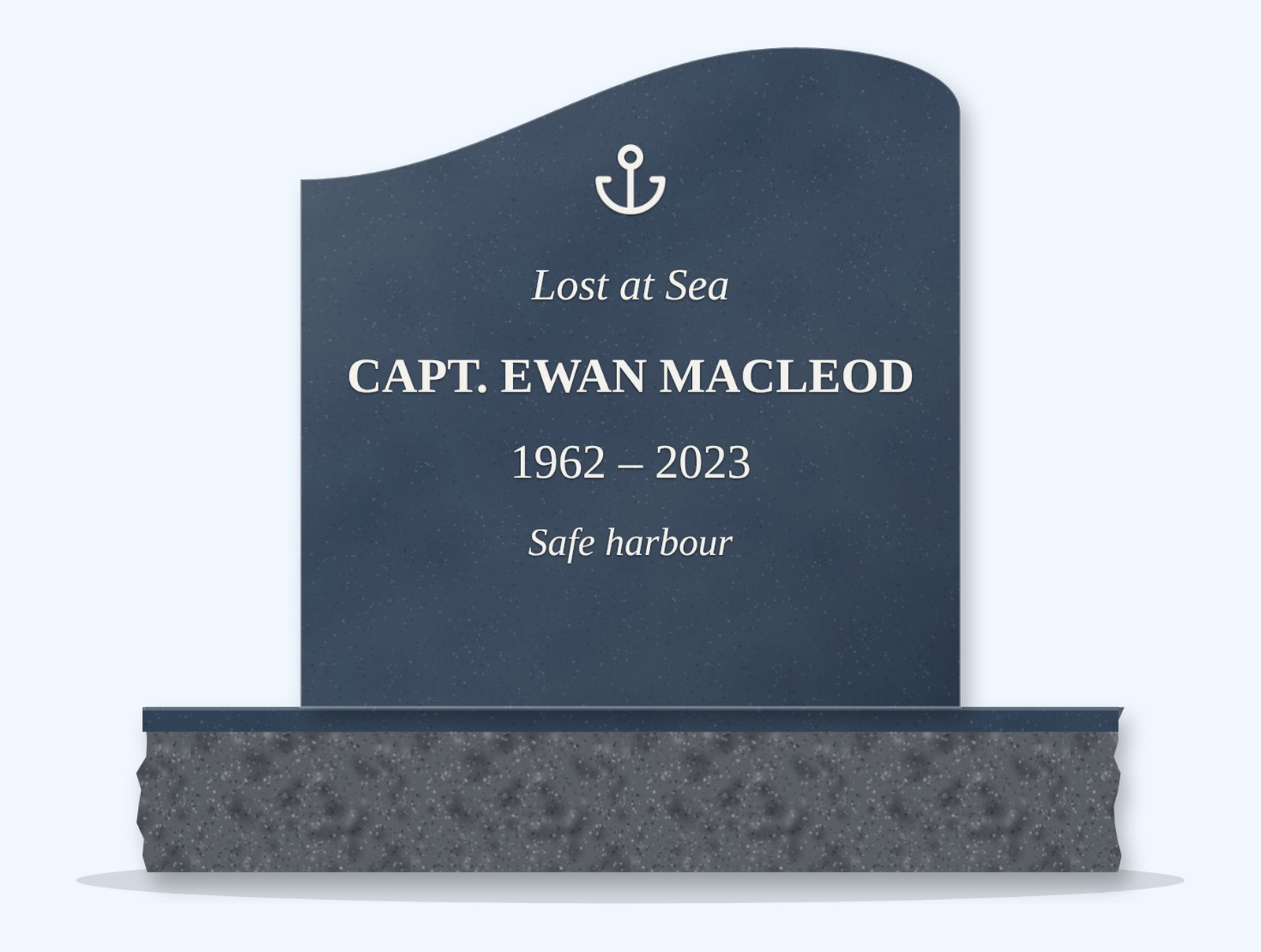 Bahamas Blue right wave headstone on a granite base, engraved for Capt. Ewan MacLeod
