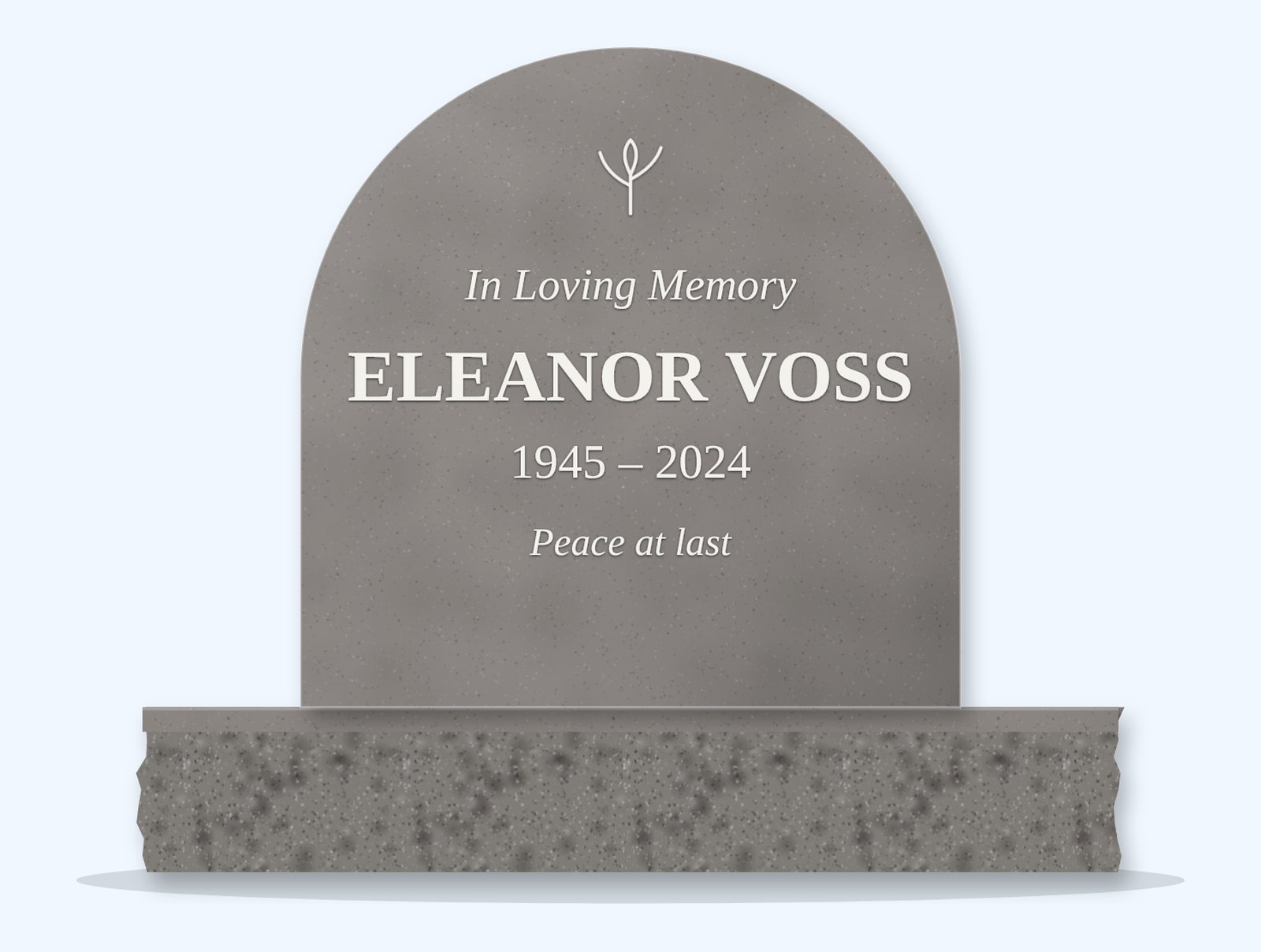 Indian Grey half round headstone on a granite base, engraved for Eleanor Voss