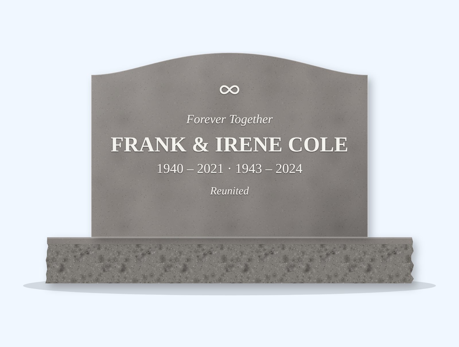Indian Grey serpentine headstone on a granite base, engraved for Frank and Irene Cole