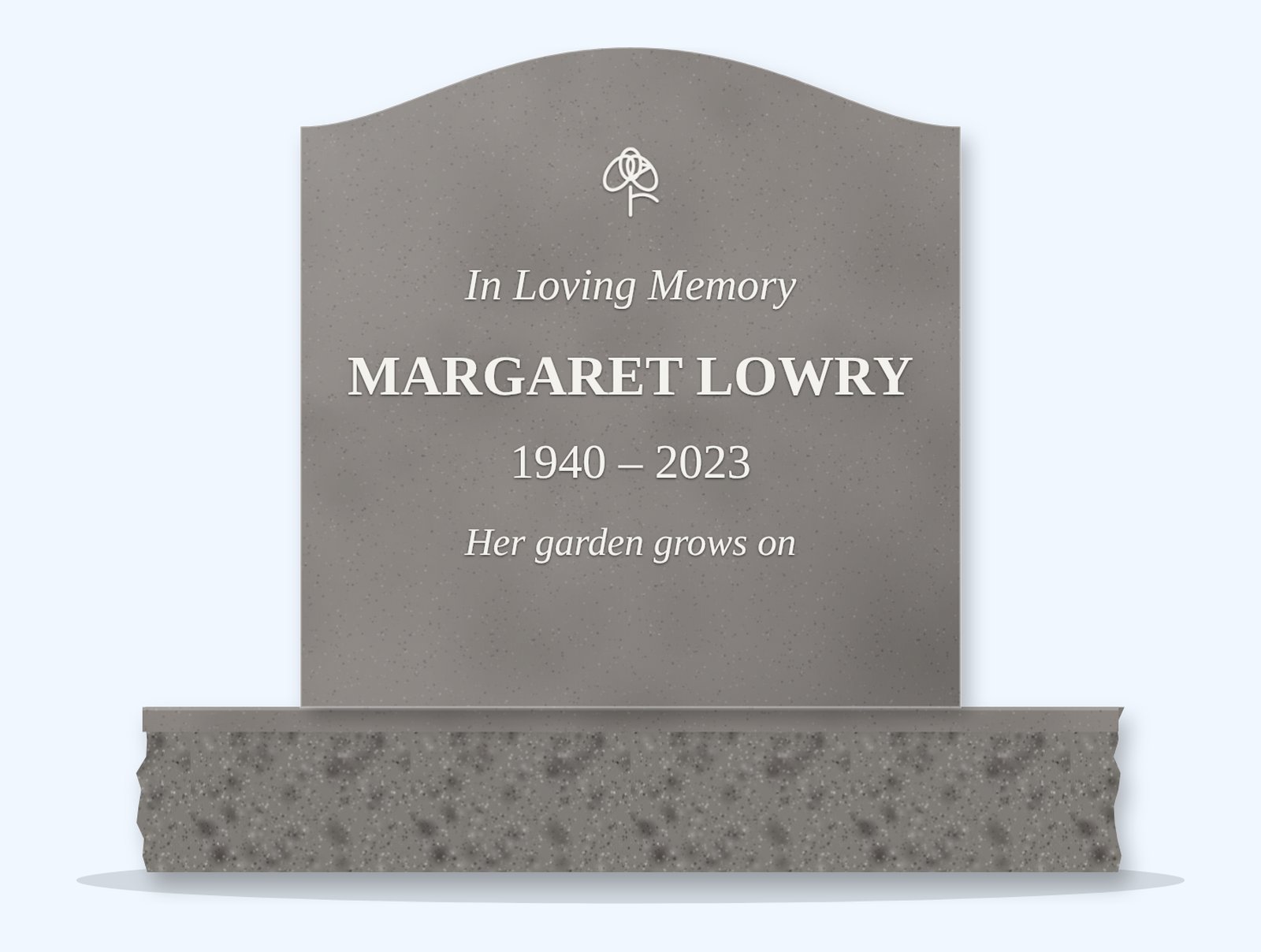 Indian Grey serpentine headstone on a granite base, engraved for Margaret Lowry
