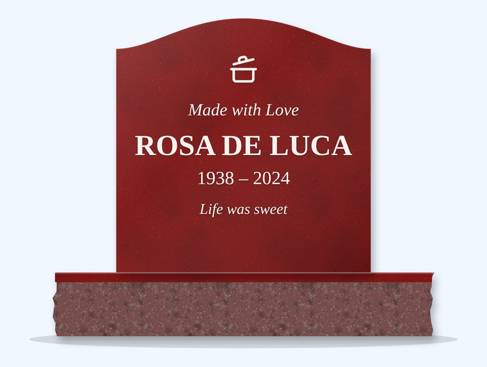 Indian Red serpentine headstone on a granite base, engraved for Rosa De Luca