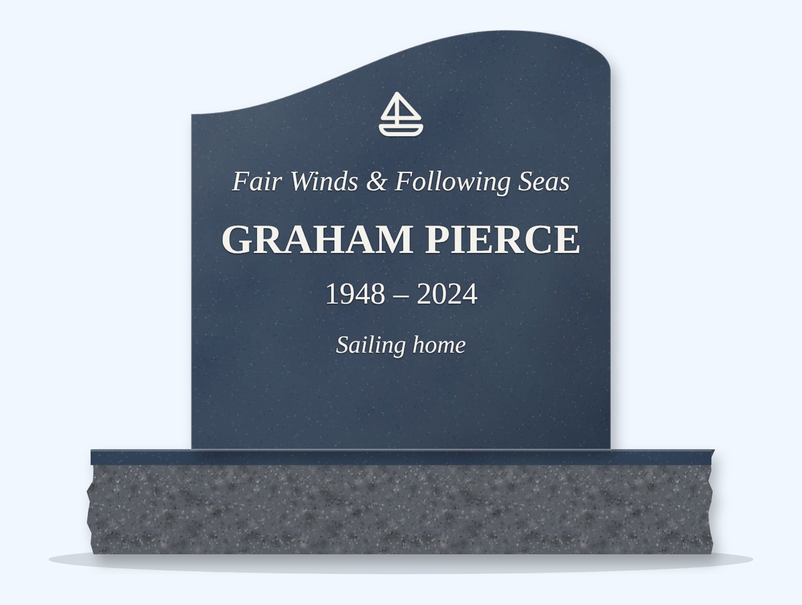 Bahamas Blue right wave headstone on a granite base, engraved for Graham Pierce