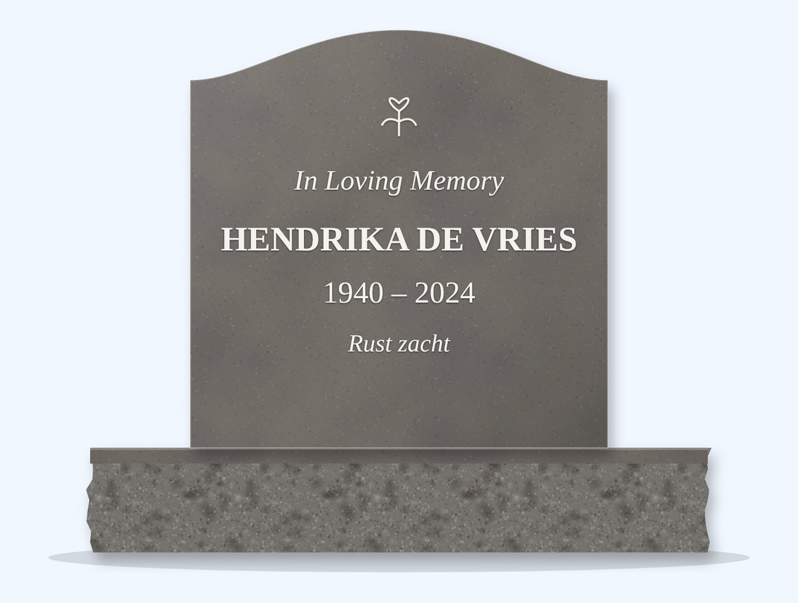 Steel Grey serpentine headstone on a granite base, engraved for Hendrika De Vries