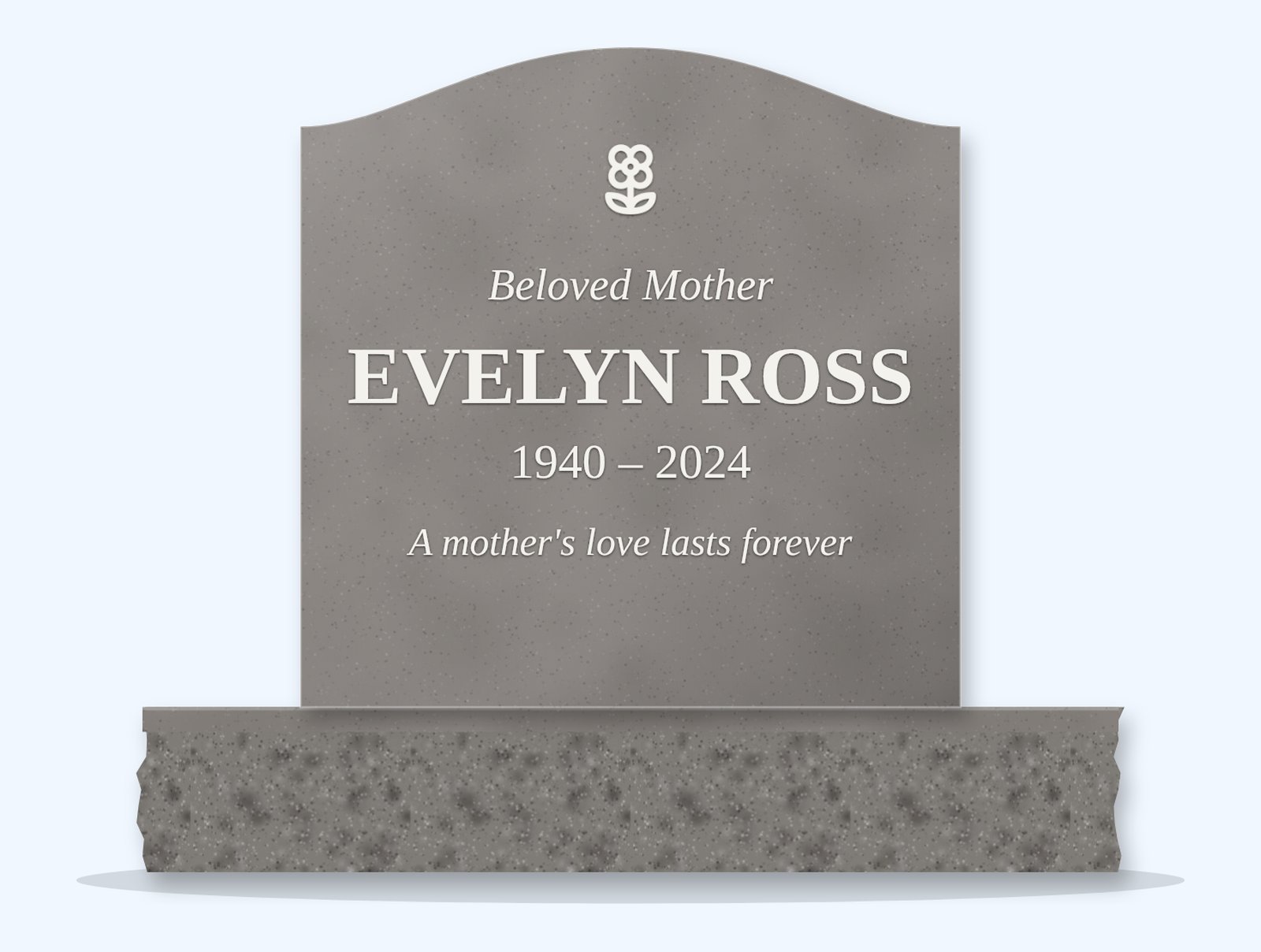 Indian Grey serpentine headstone on a granite base, engraved for Evelyn Ross