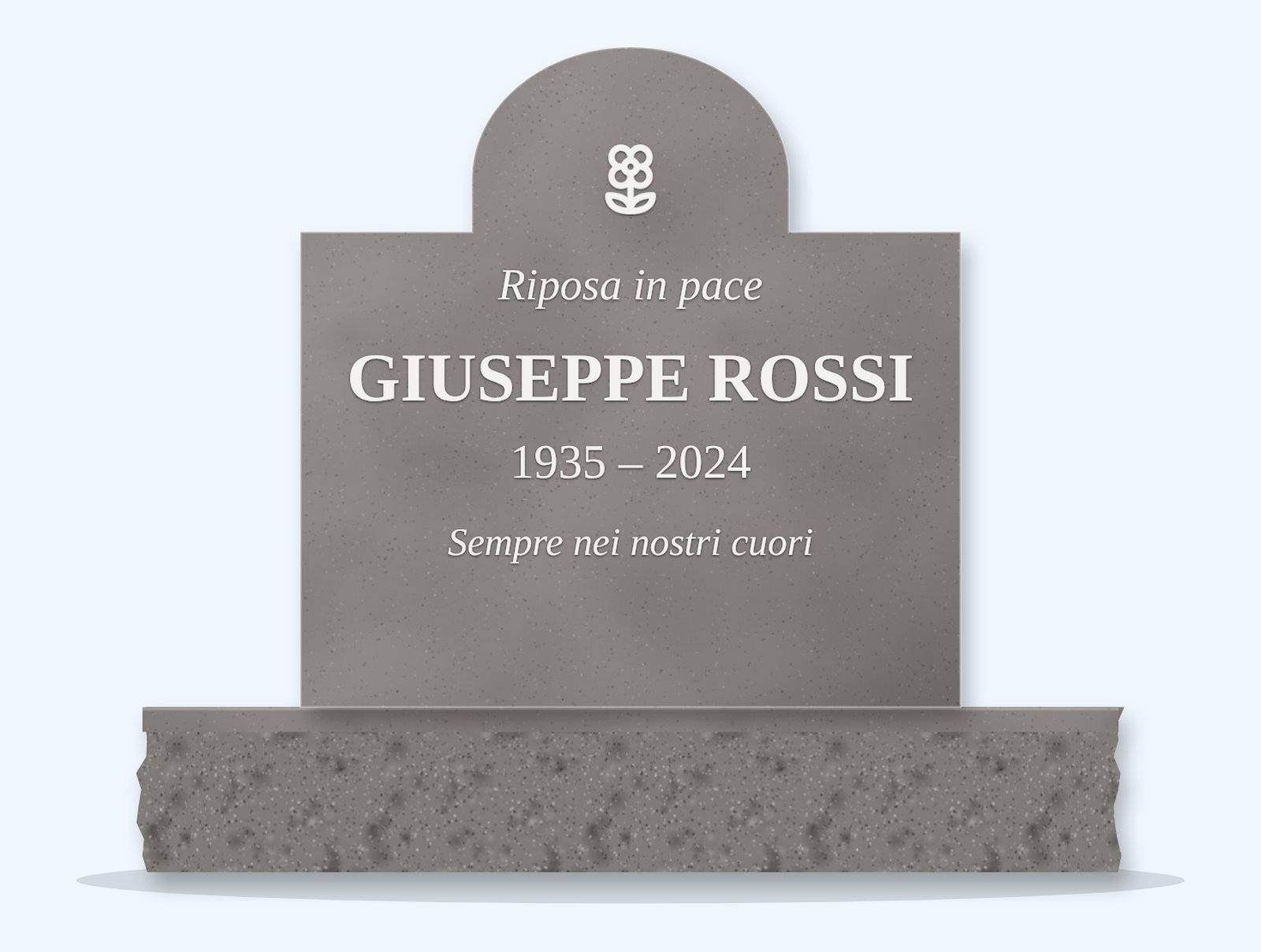 Indian Grey cathedral headstone on a granite base, engraved for Giuseppe Rossi