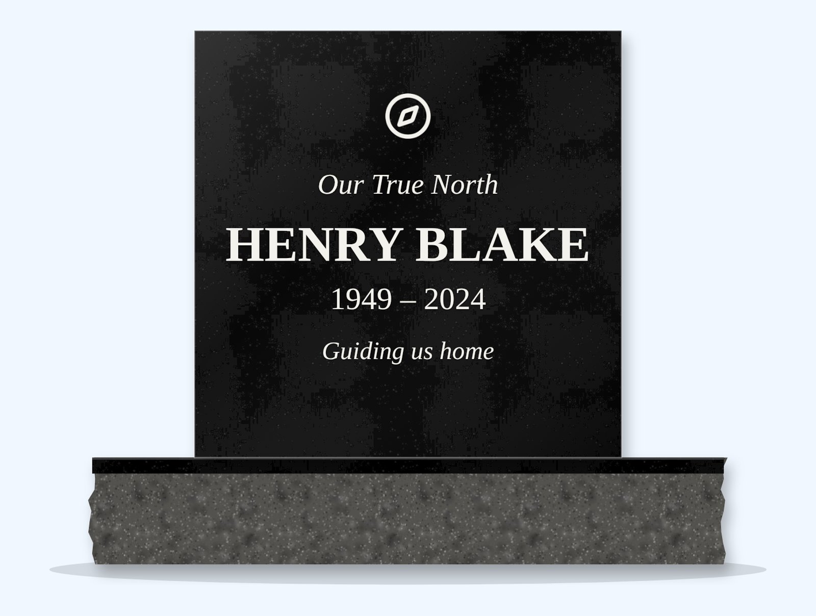 Absolute Black rectangle headstone on a granite base, engraved for Henry Blake