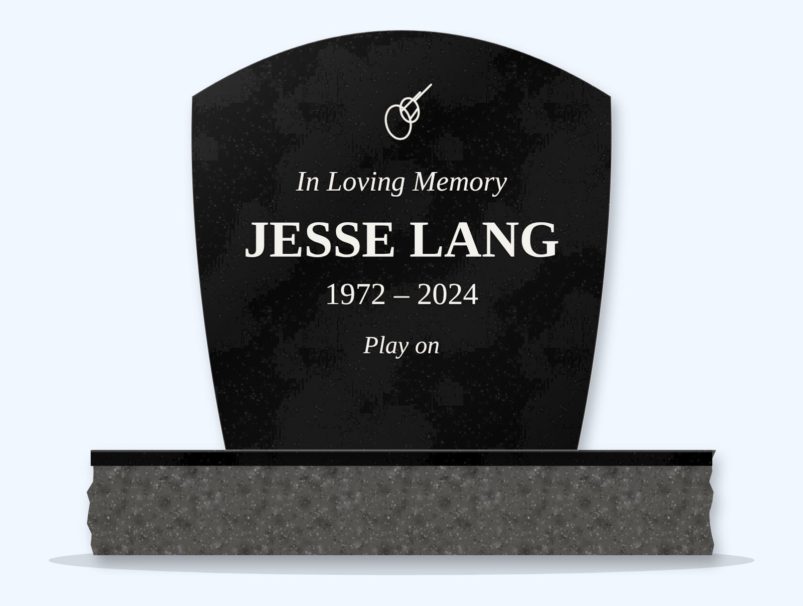 Absolute Black swoop headstone on a granite base, engraved for Jesse Lang