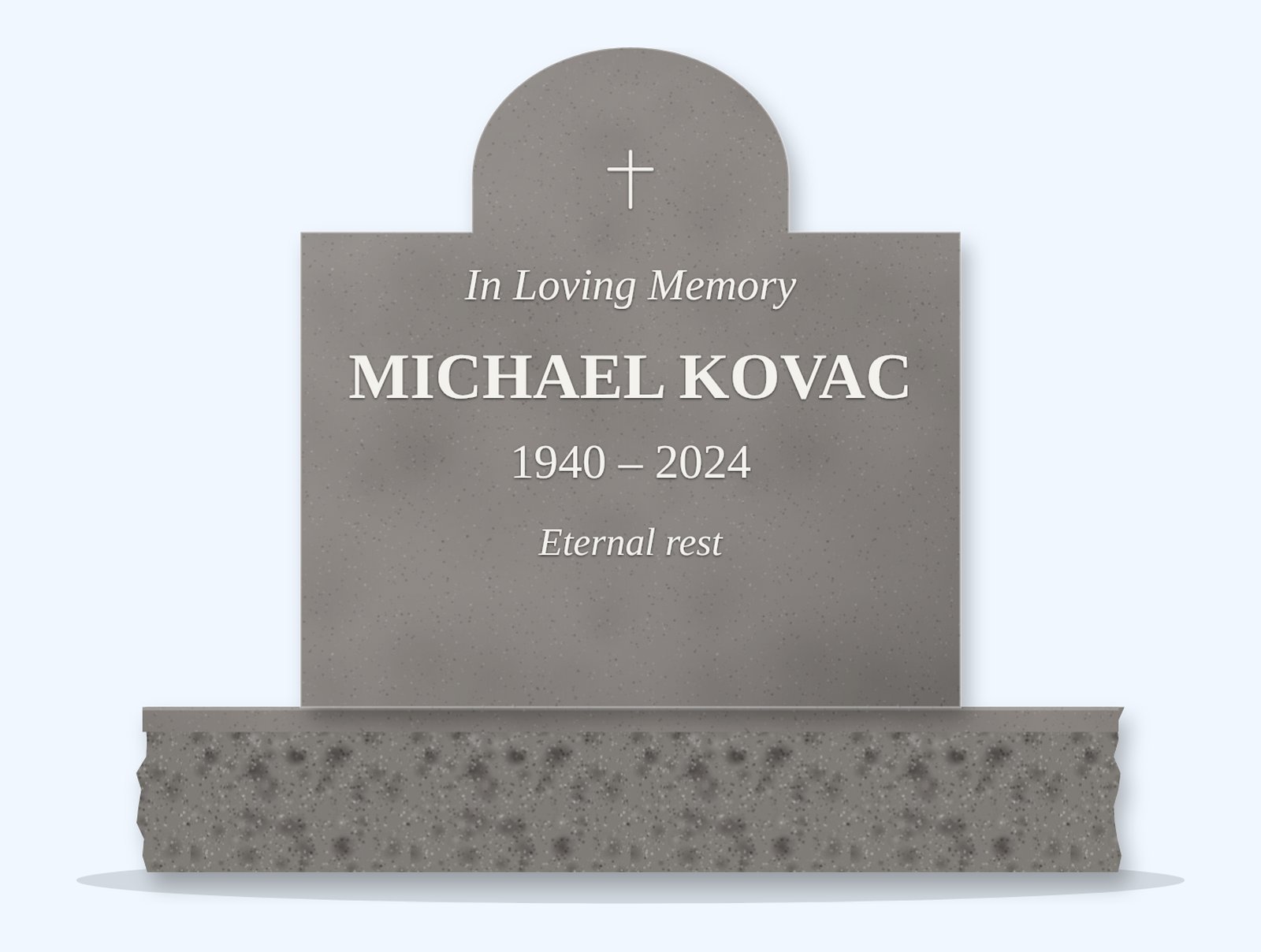 Indian Grey cathedral headstone on a granite base, engraved for Michael Kovac