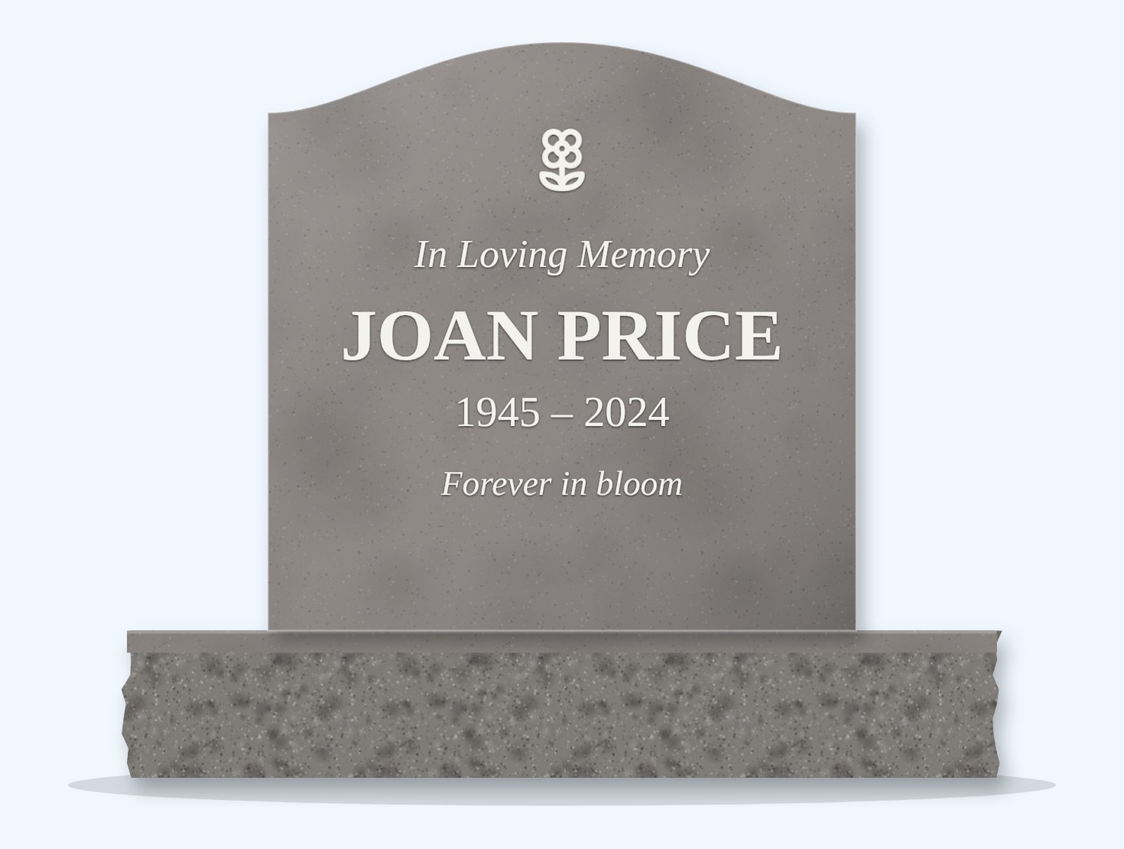 Indian Grey serpentine headstone on a granite base, engraved for Joan Price