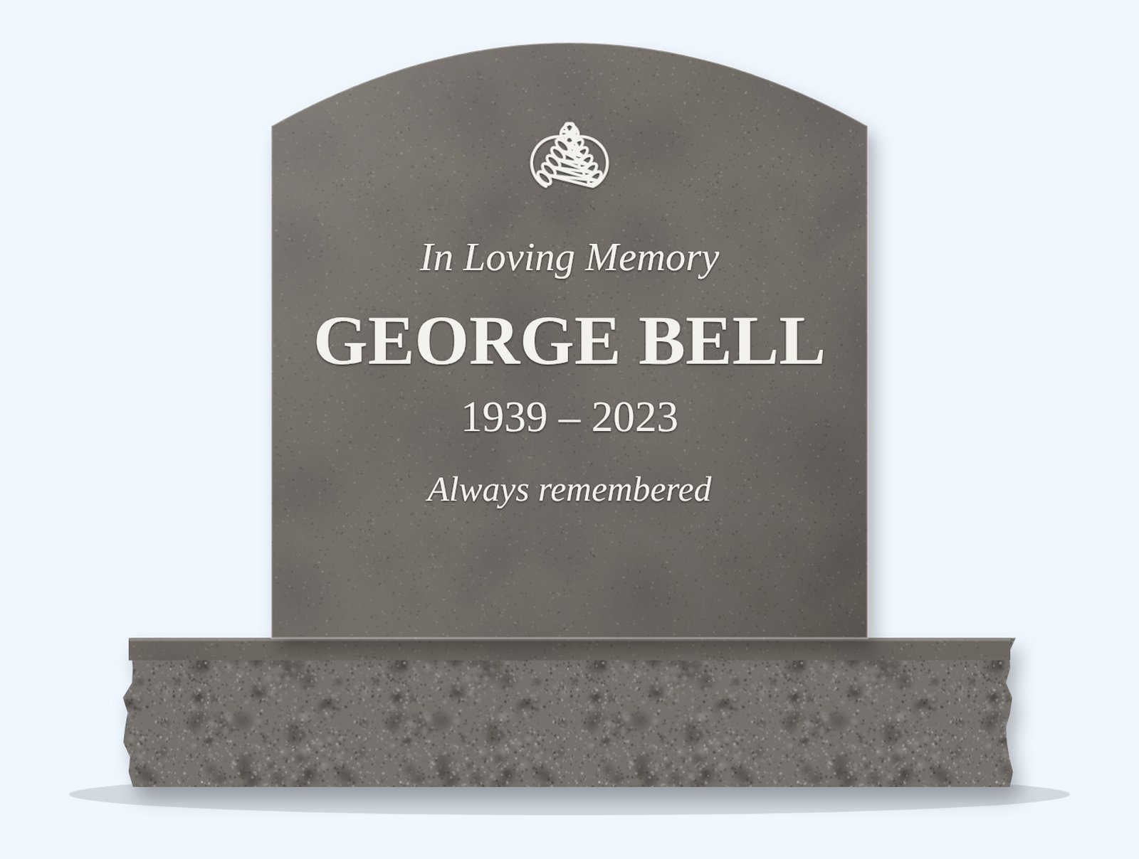 Steel Grey curved top headstone on a granite base, engraved for George Bell