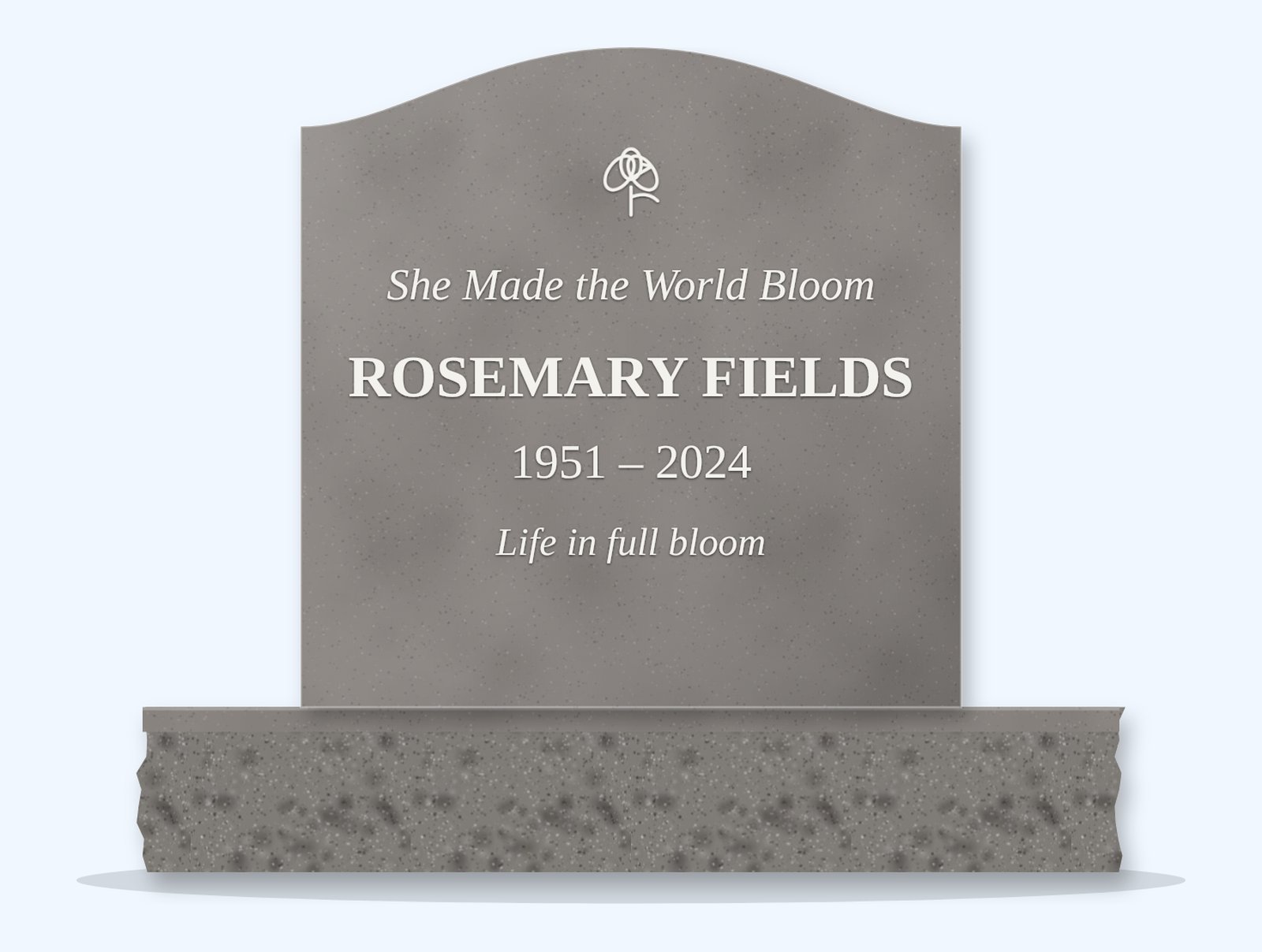 Indian Grey serpentine headstone on a granite base, engraved for Rosemary Fields