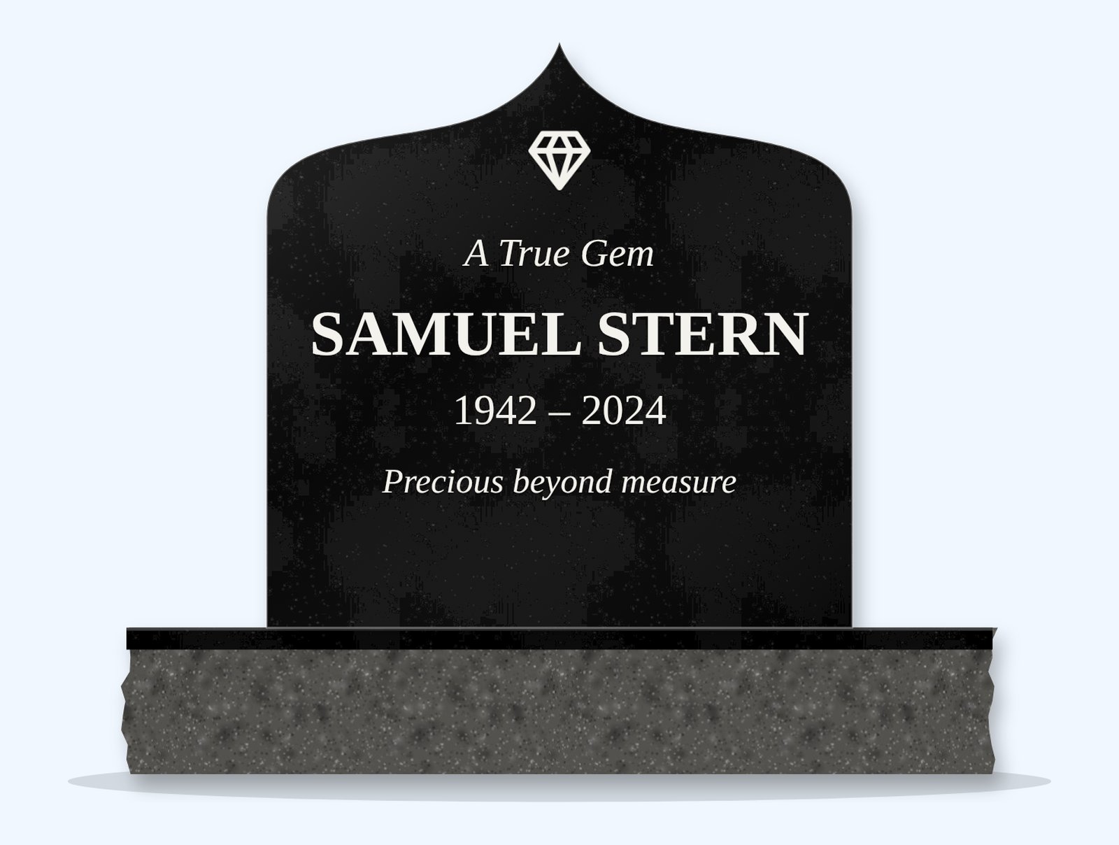 Absolute Black ogee arch headstone on a granite base, engraved for Samuel Stern