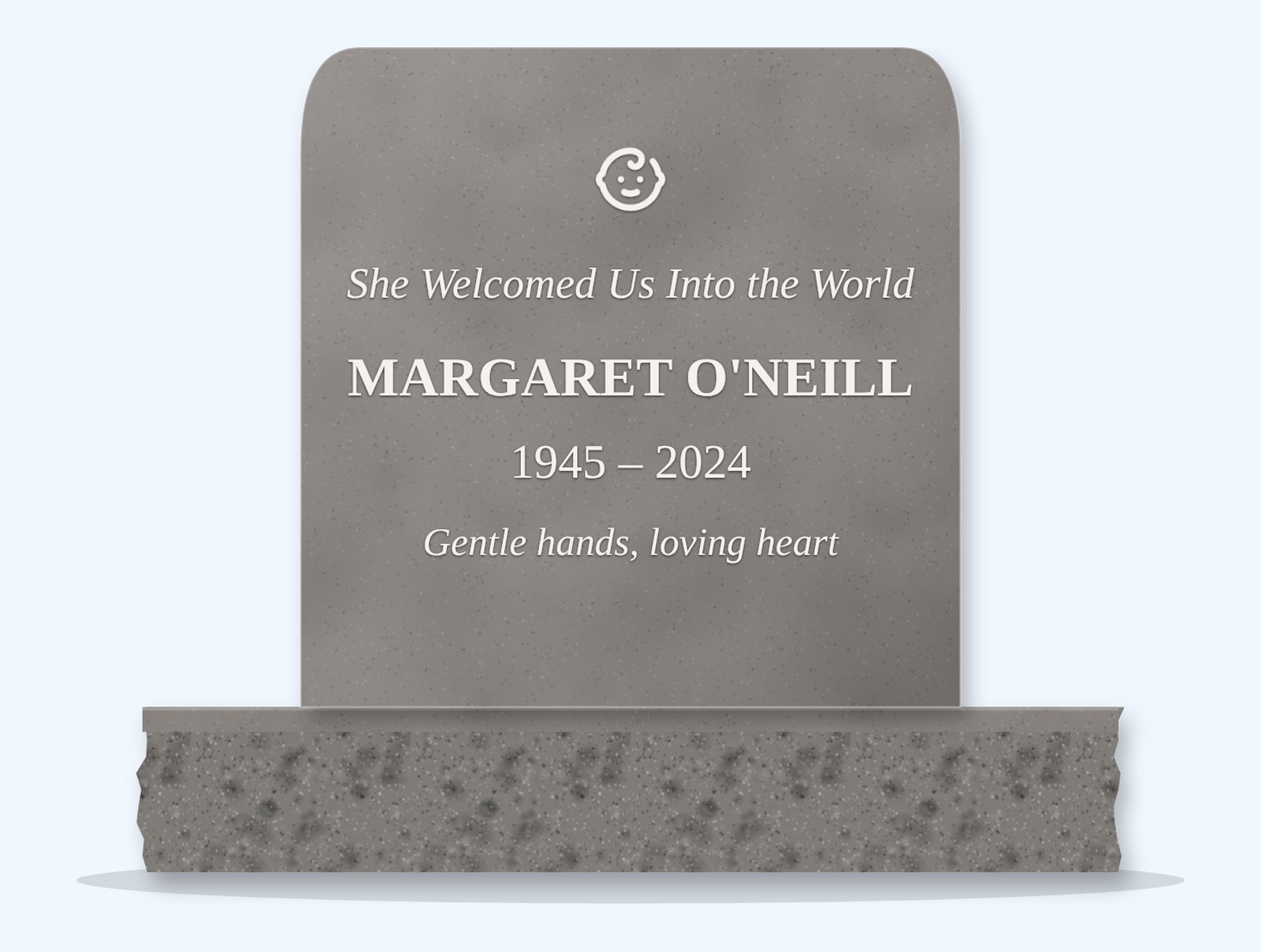 Indian Grey rounded top headstone on a granite base, engraved for Margaret O'Neill