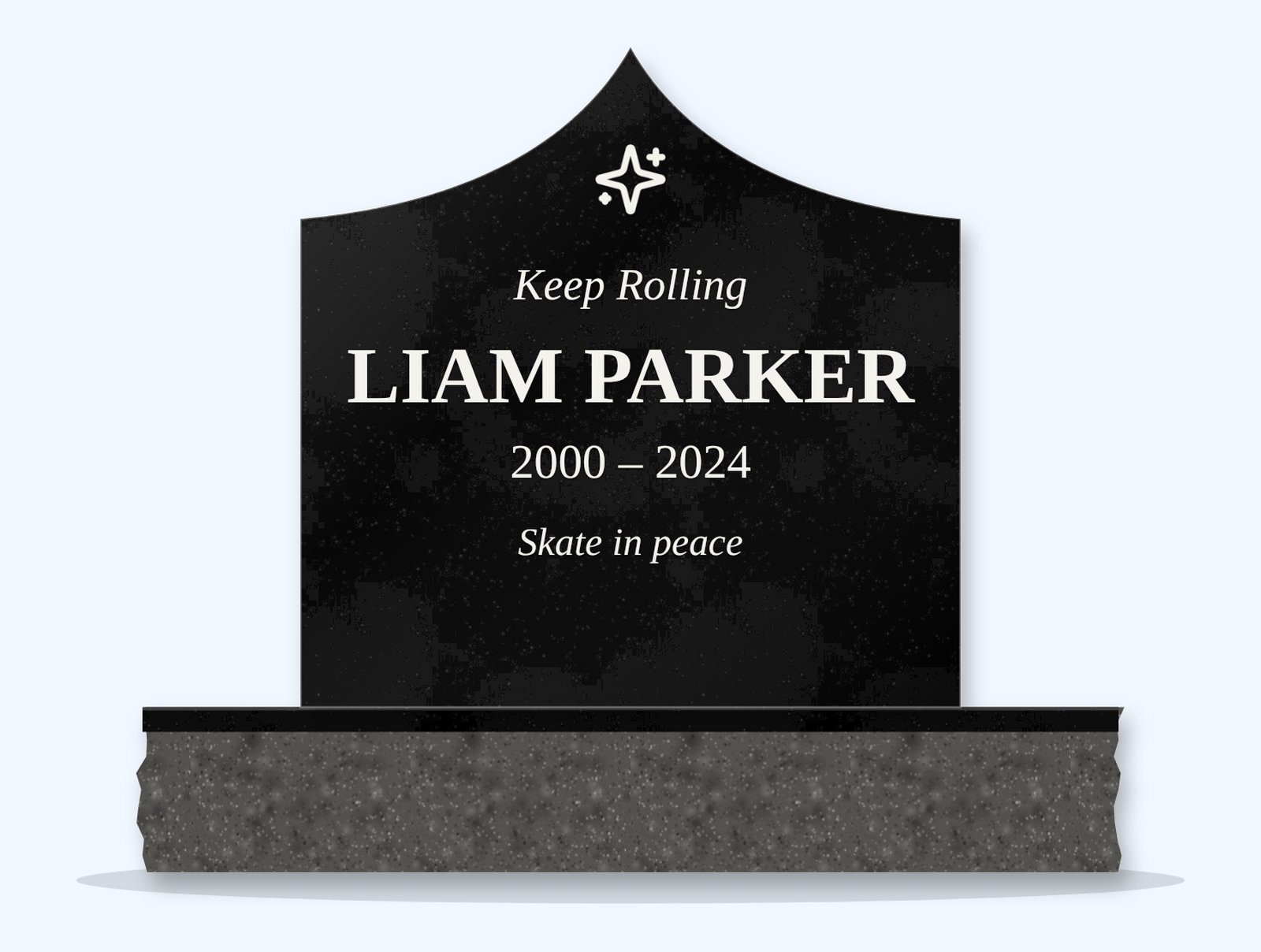Absolute Black curved gable headstone on a granite base, engraved for Liam Parker