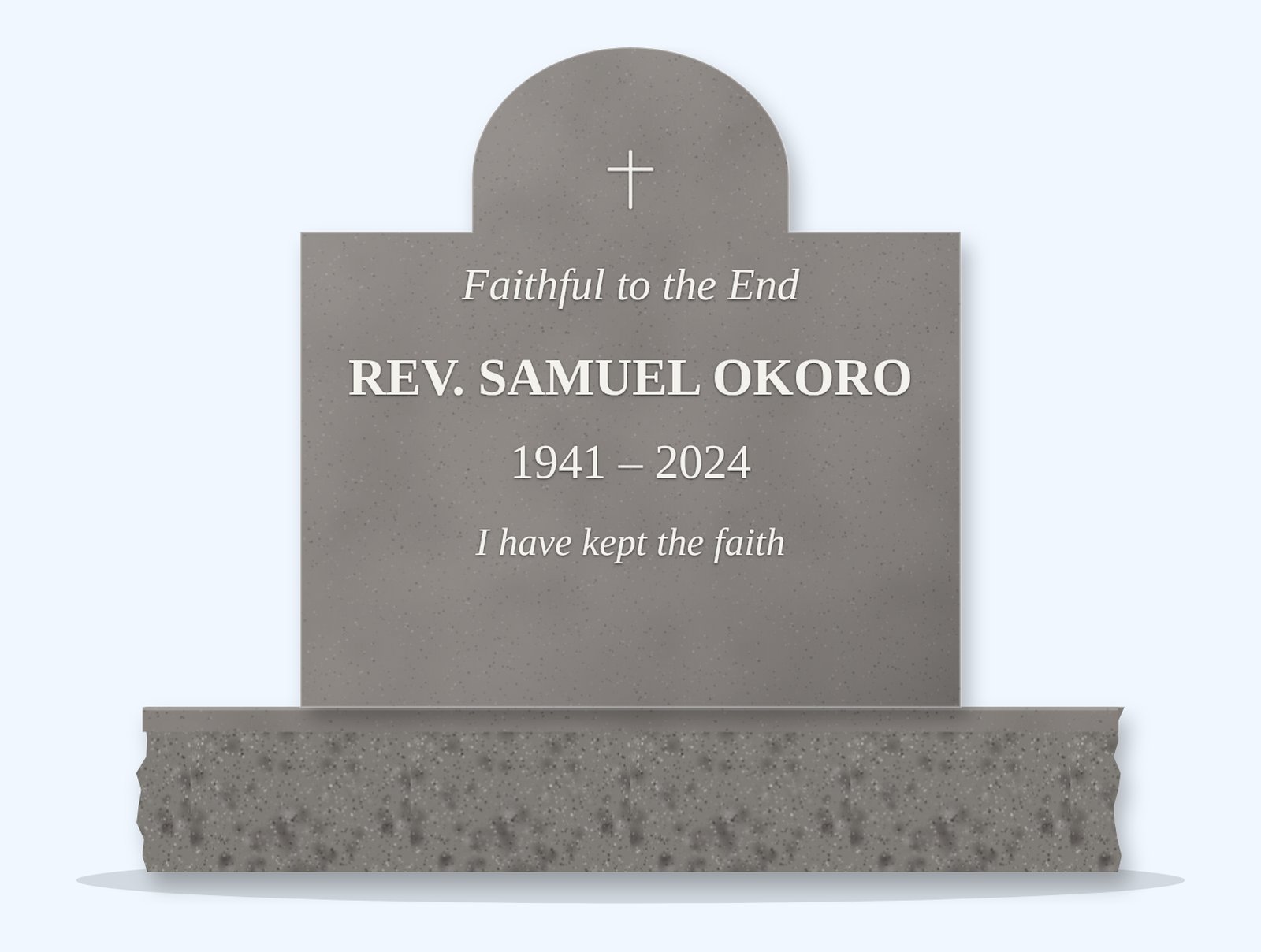 Indian Grey cathedral headstone on a granite base, engraved for Rev. Samuel Okoro