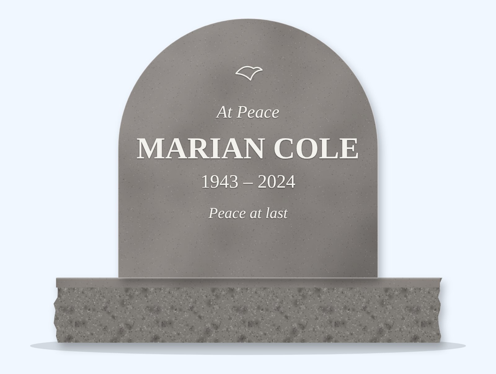 Indian Grey half round headstone on a granite base, engraved for Marian Cole