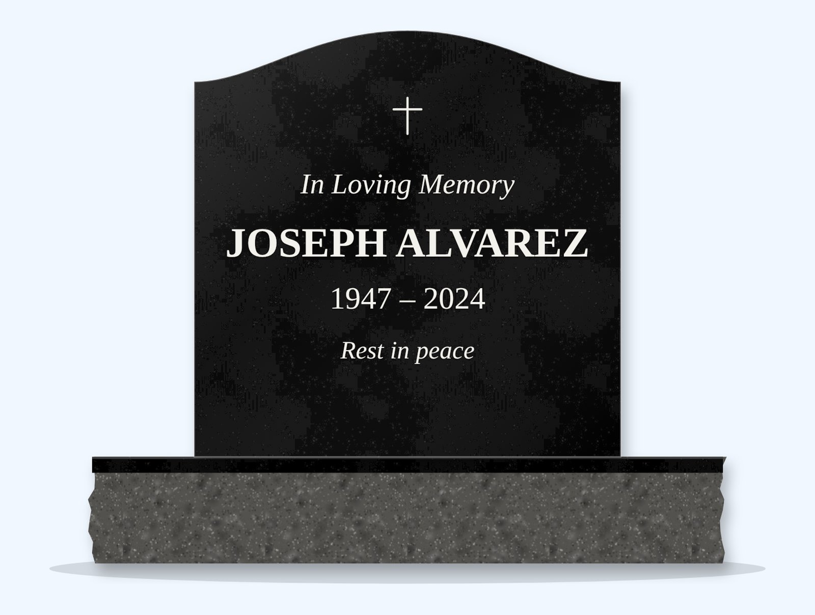 Absolute Black serpentine headstone on a granite base, engraved for Joseph Alvarez