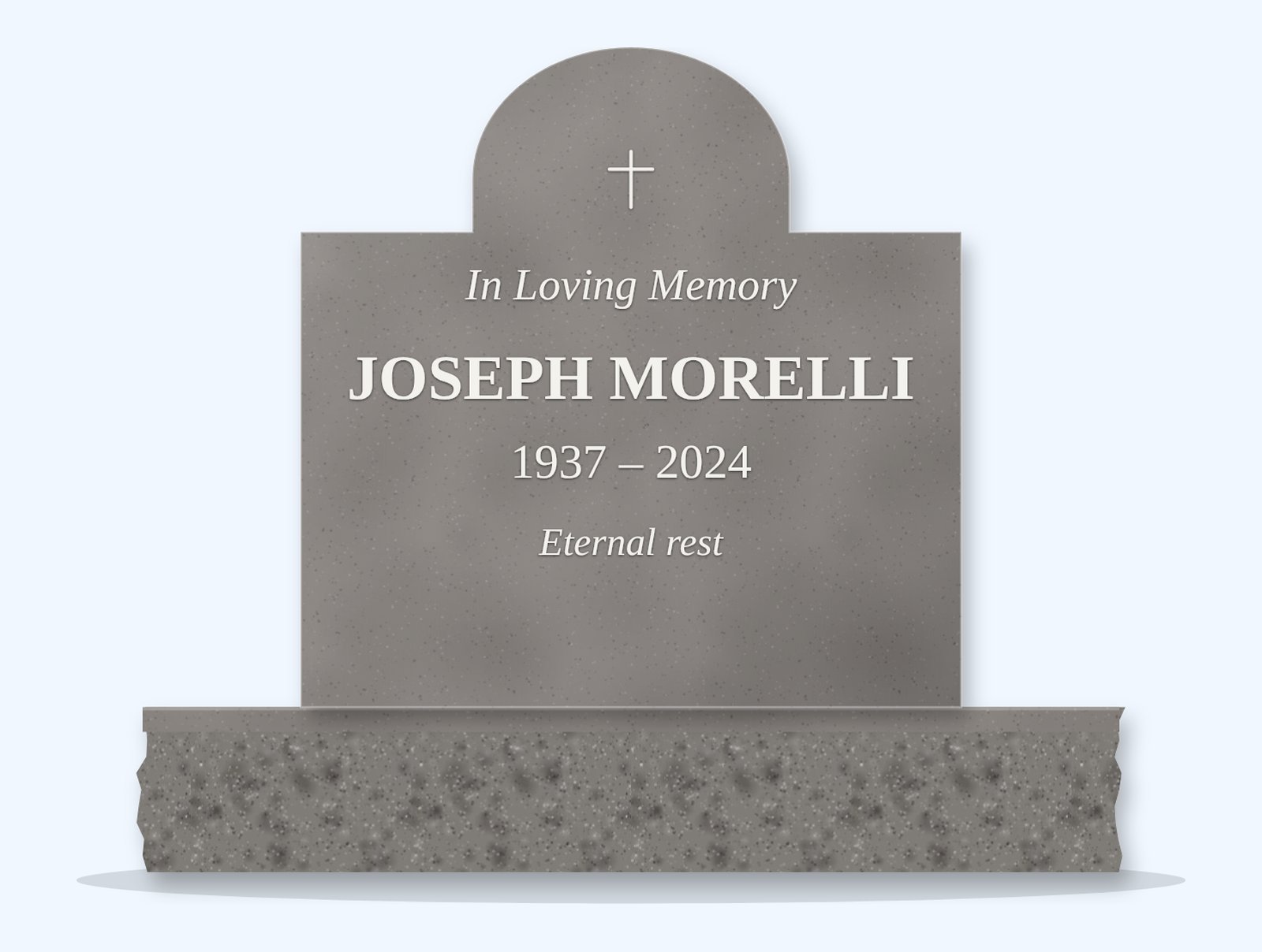 Indian Grey cathedral headstone on a granite base, engraved for Joseph Morelli