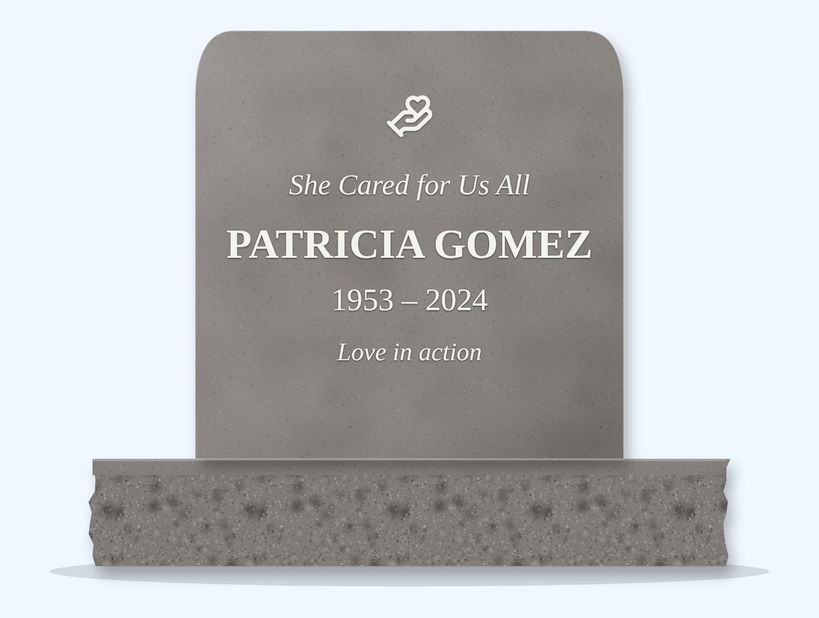 Indian Grey rounded top headstone on a granite base, engraved for Patricia Gomez