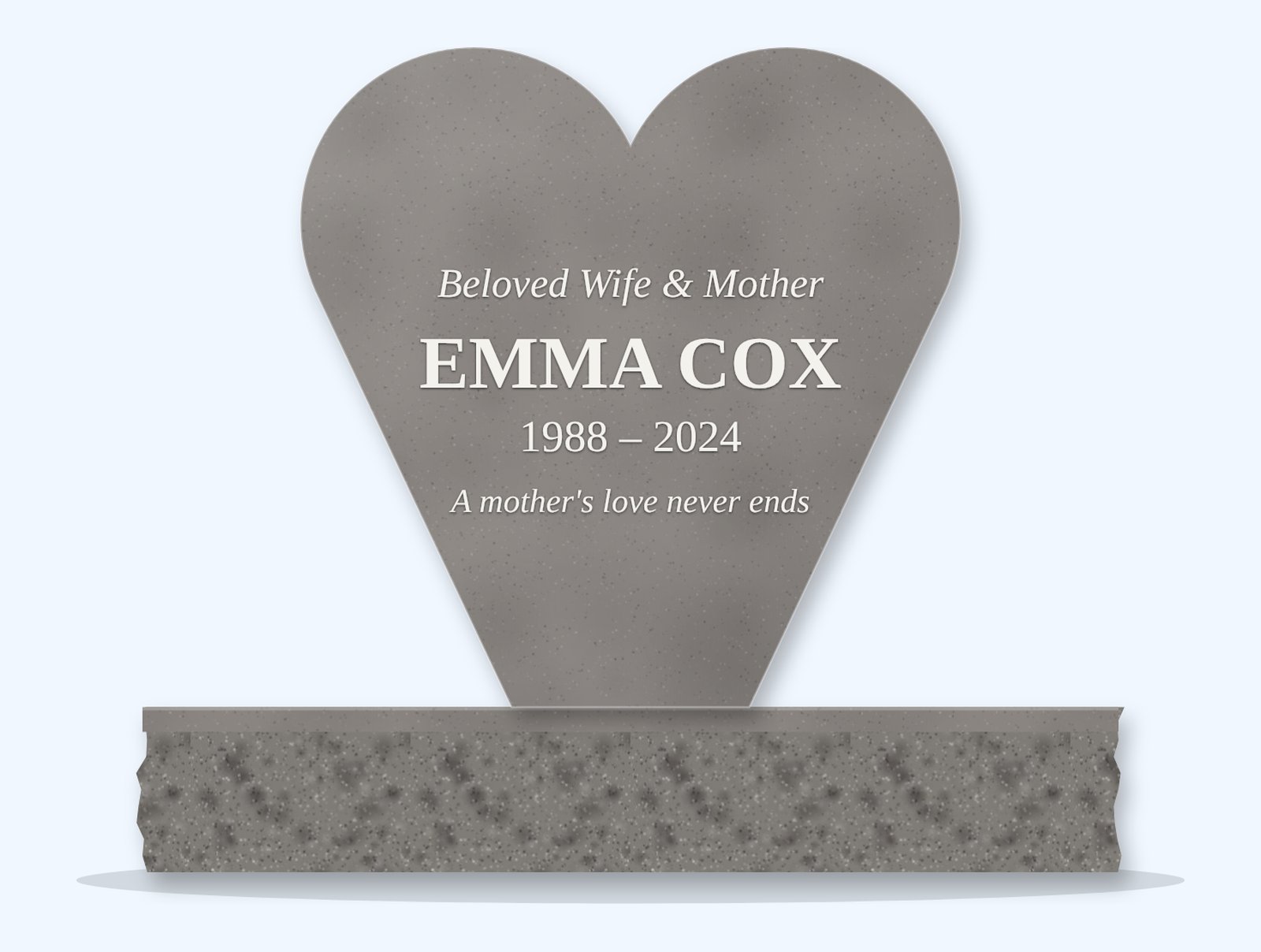 Indian Grey heart headstone on a granite base, engraved for Emma Cox
