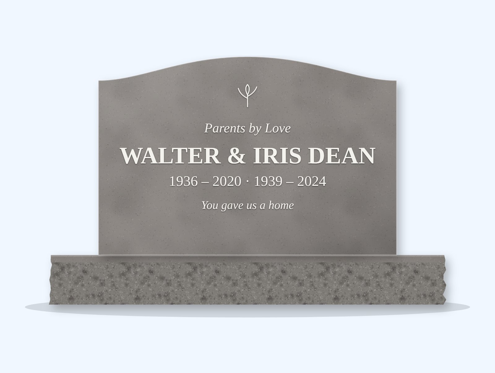 Indian Grey serpentine headstone on a granite base, engraved for Walter and Iris Dean