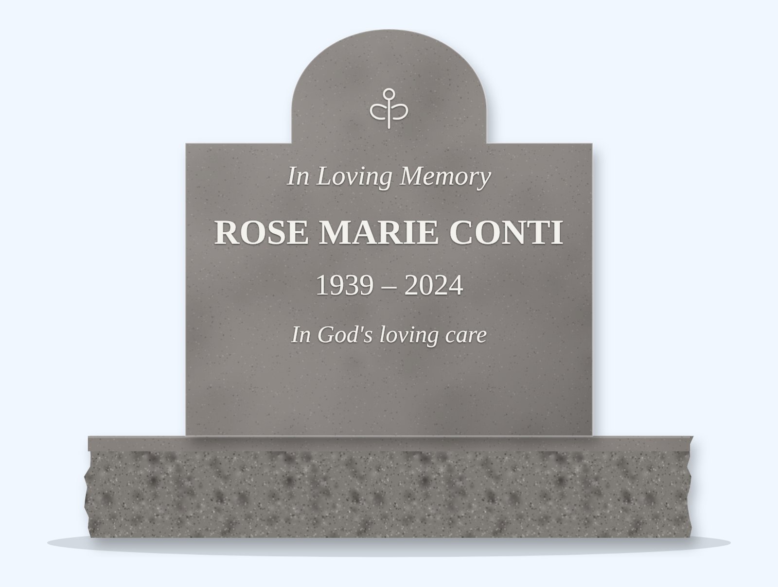 Indian Grey cathedral headstone on a granite base, engraved for Rose Marie Conti