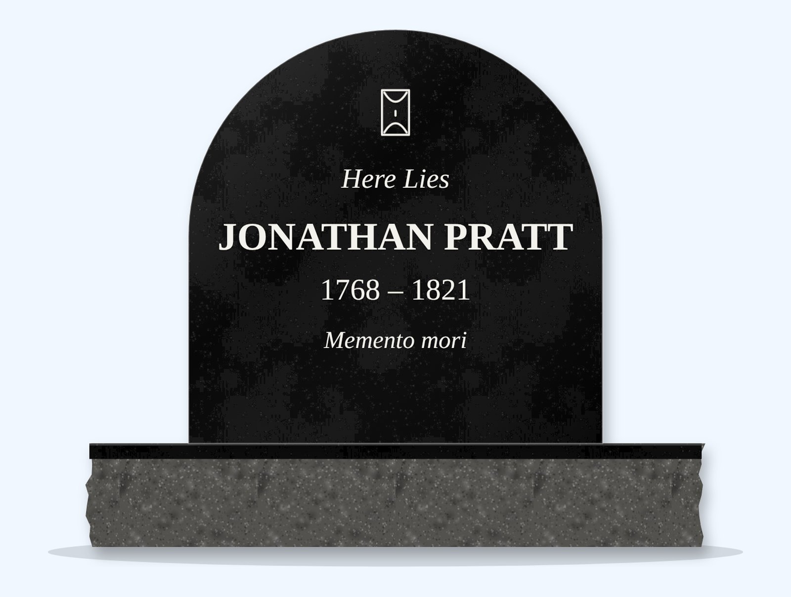 Absolute Black half round headstone on a granite base, engraved for Jonathan Pratt