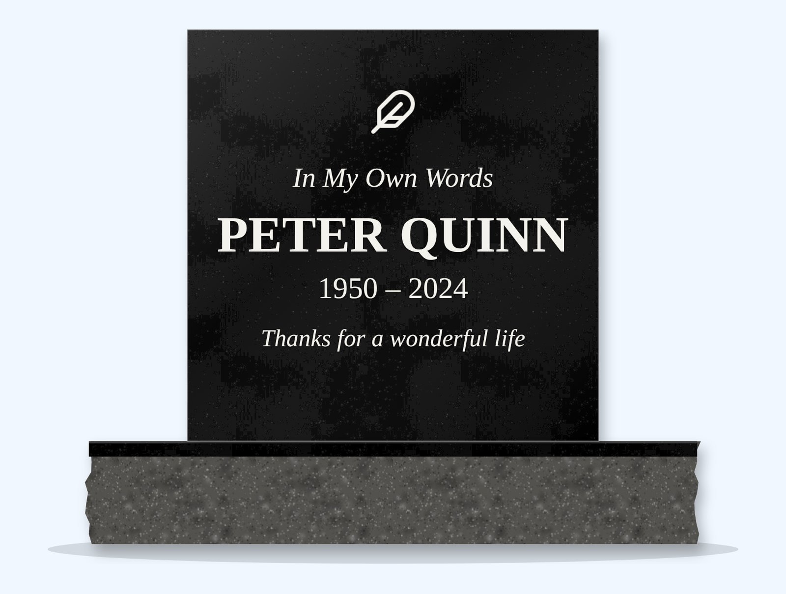 Absolute Black rectangle headstone on a granite base, engraved for Peter Quinn
