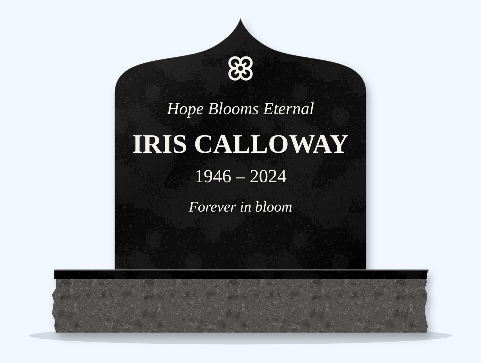 Absolute Black ogee arch headstone on a granite base, engraved for Iris Calloway