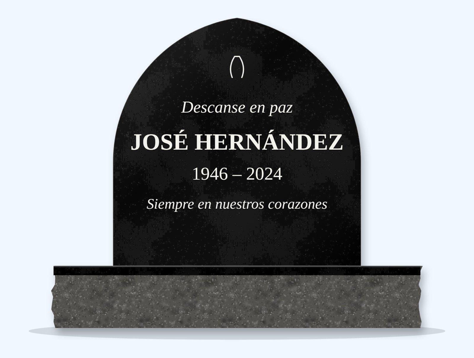 Absolute Black teardrop arch headstone on a granite base, engraved for José Hernández