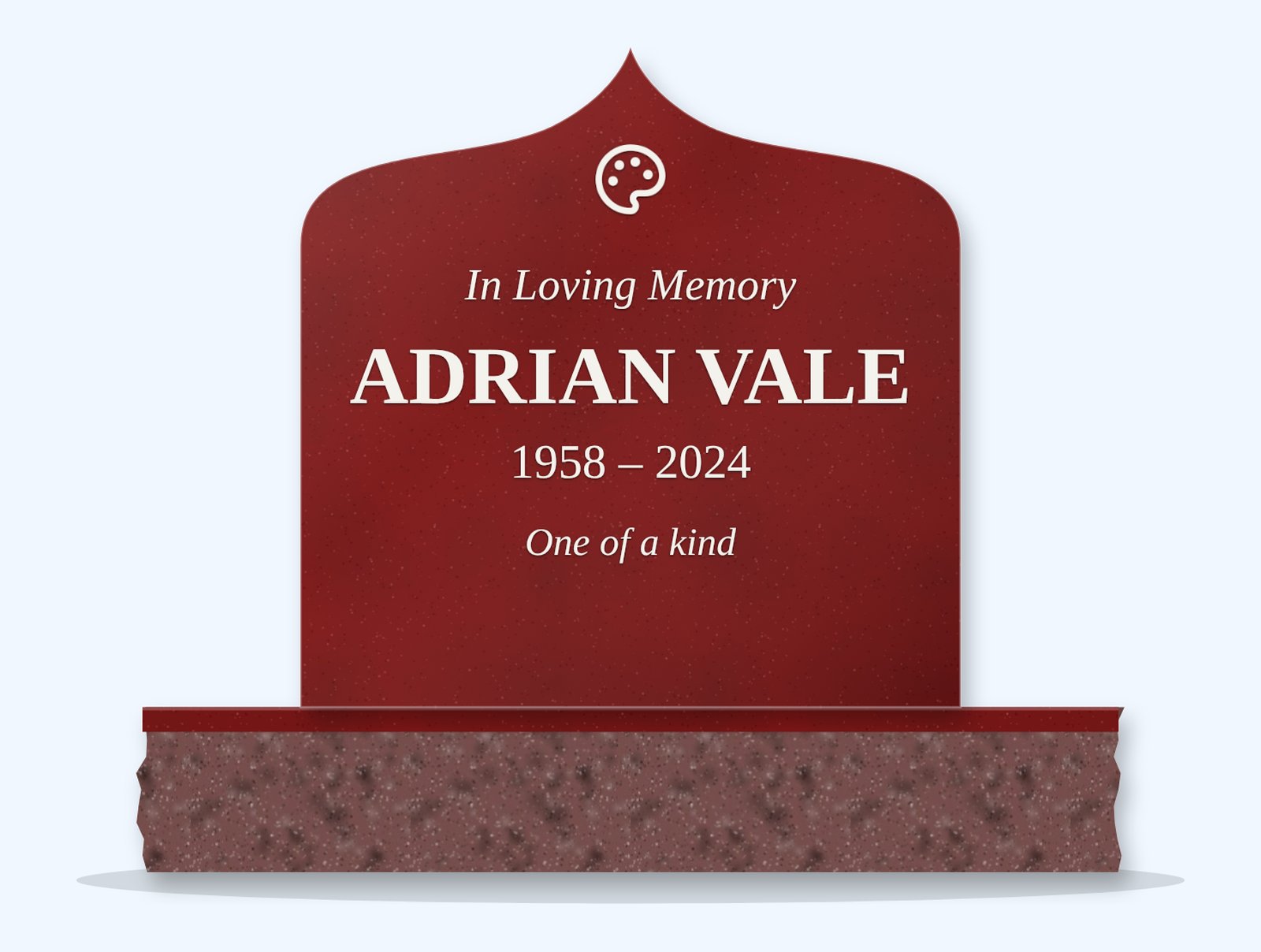 Indian Red ogee arch headstone on a granite base, engraved for Adrian Vale