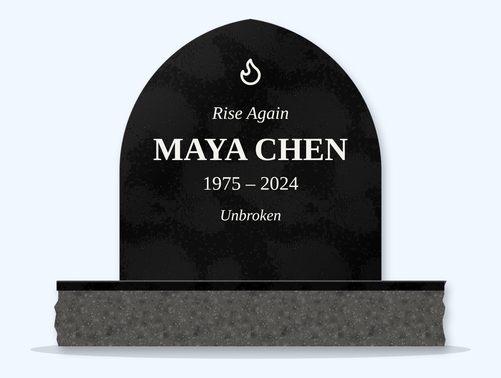 Absolute Black teardrop arch headstone on a granite base, engraved for Maya Chen