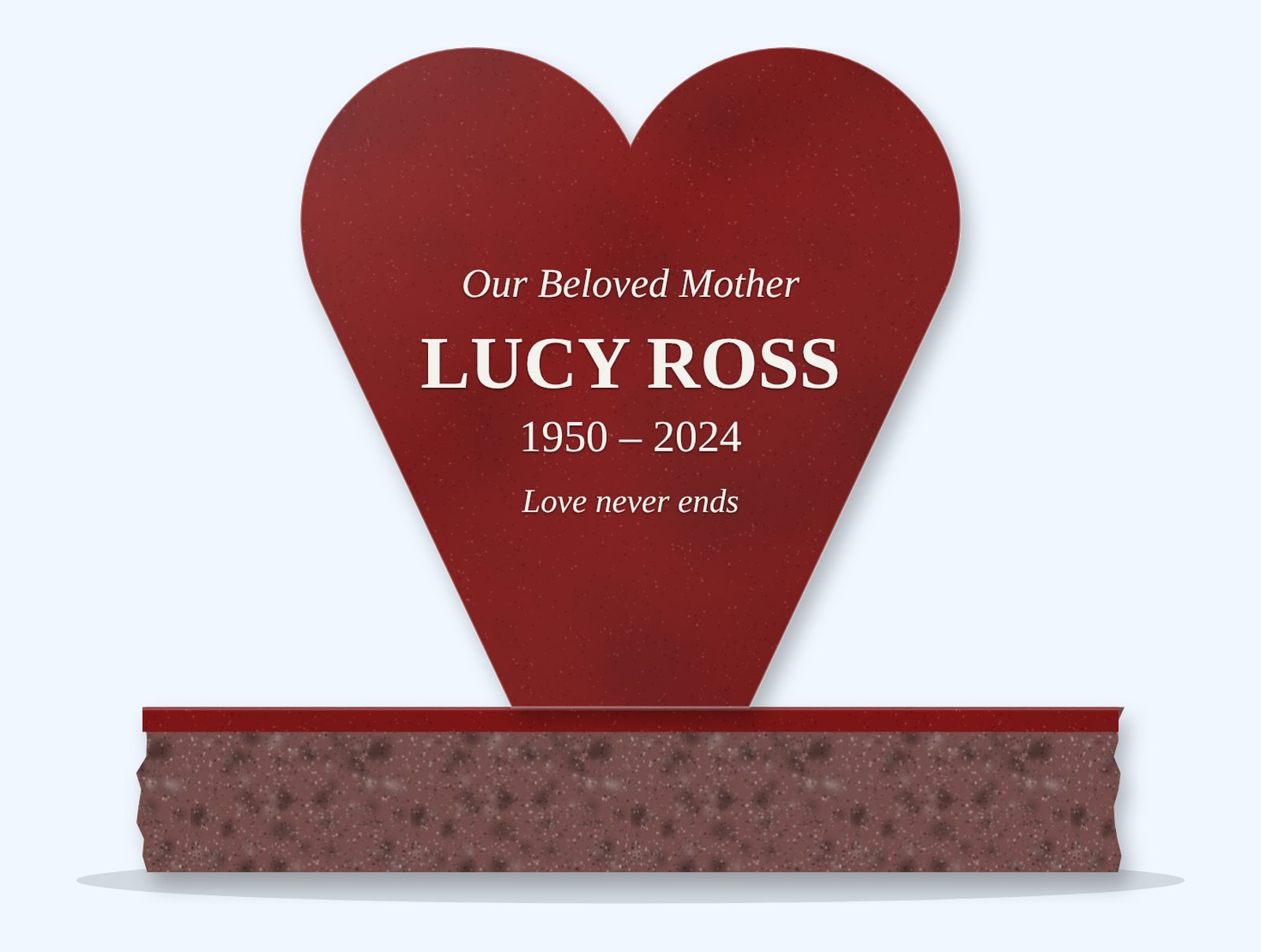 Indian Red heart headstone on a granite base, engraved for Lucy Ross