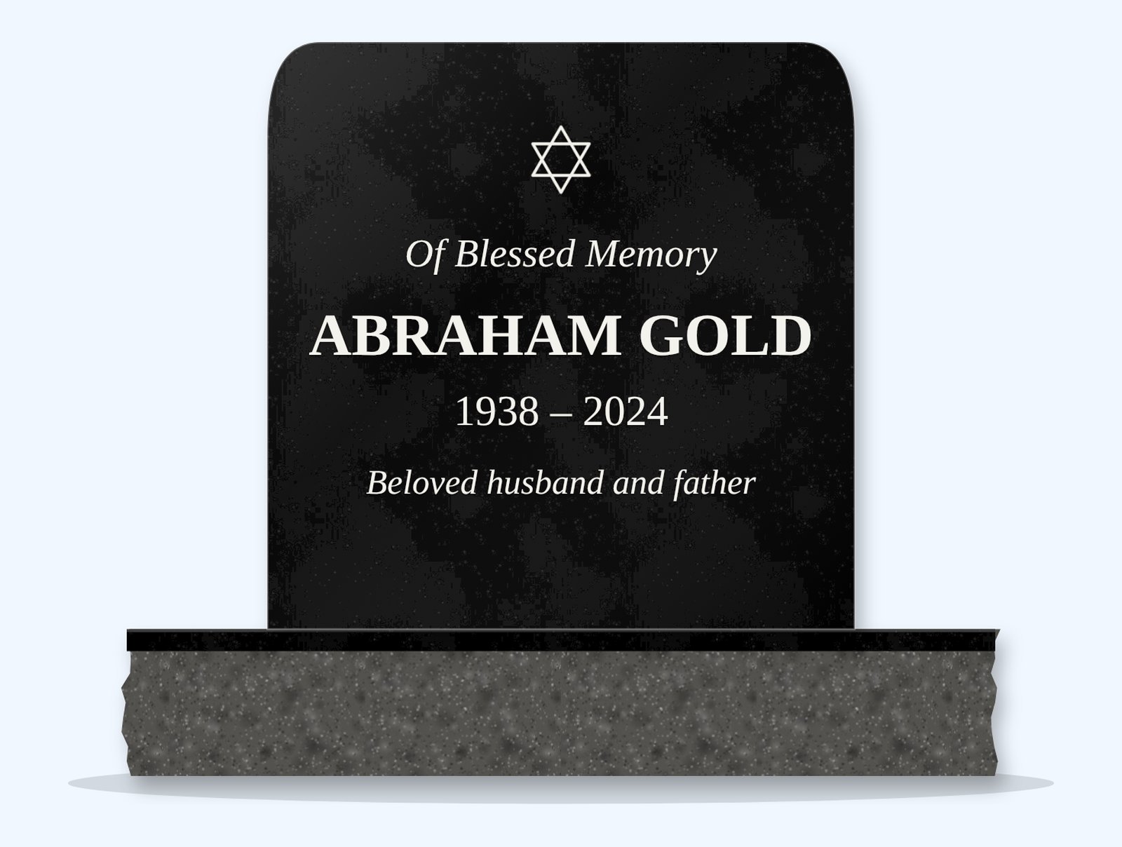 Absolute Black rounded top headstone on a granite base, engraved for Abraham Gold