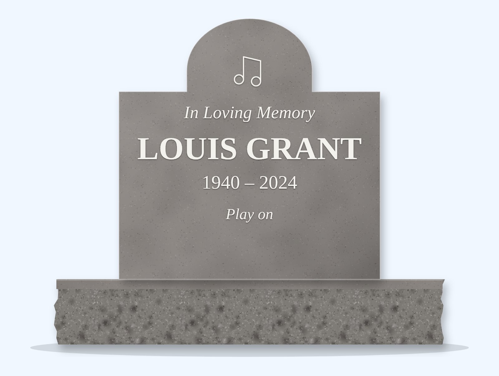 Indian Grey cathedral headstone on a granite base, engraved for Louis Grant