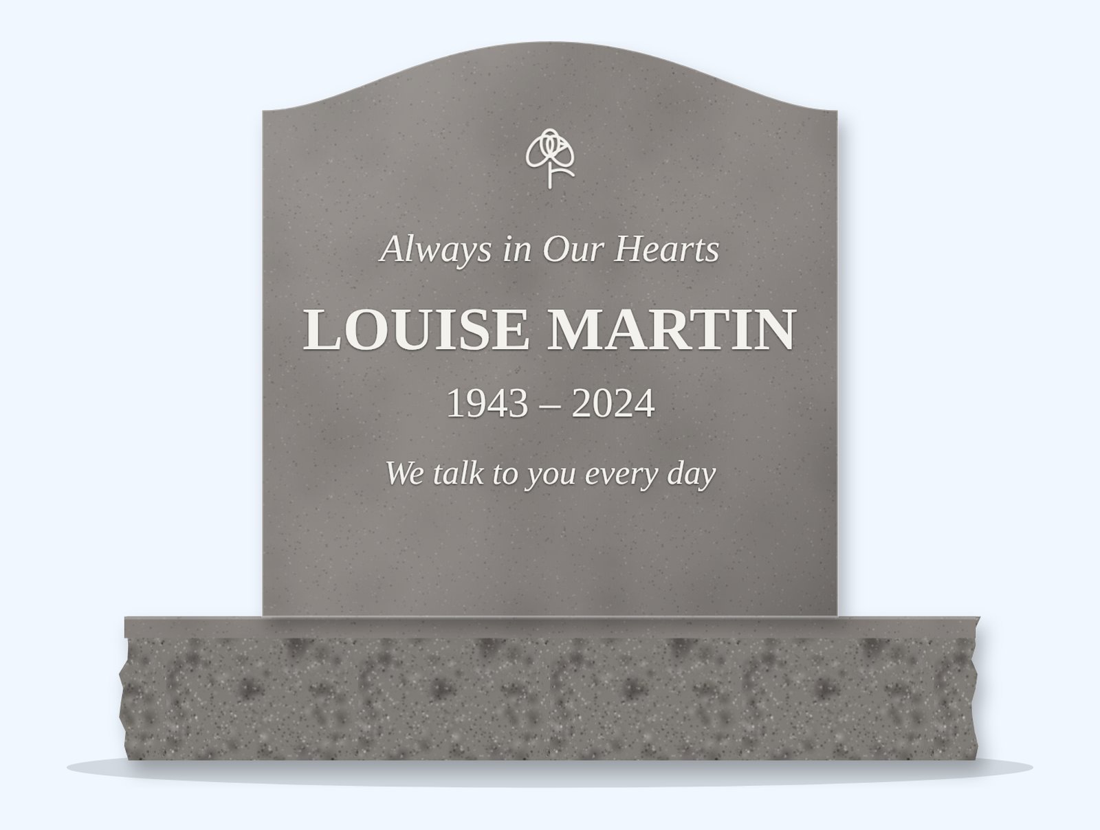 Indian Grey serpentine headstone on a granite base, engraved for Louise Martin