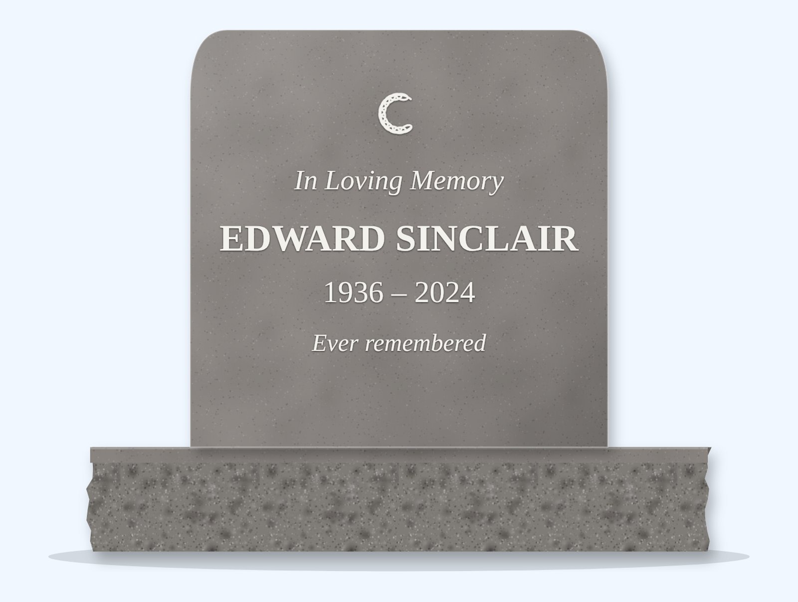 Indian Grey rounded top headstone on a granite base, engraved for Edward Sinclair