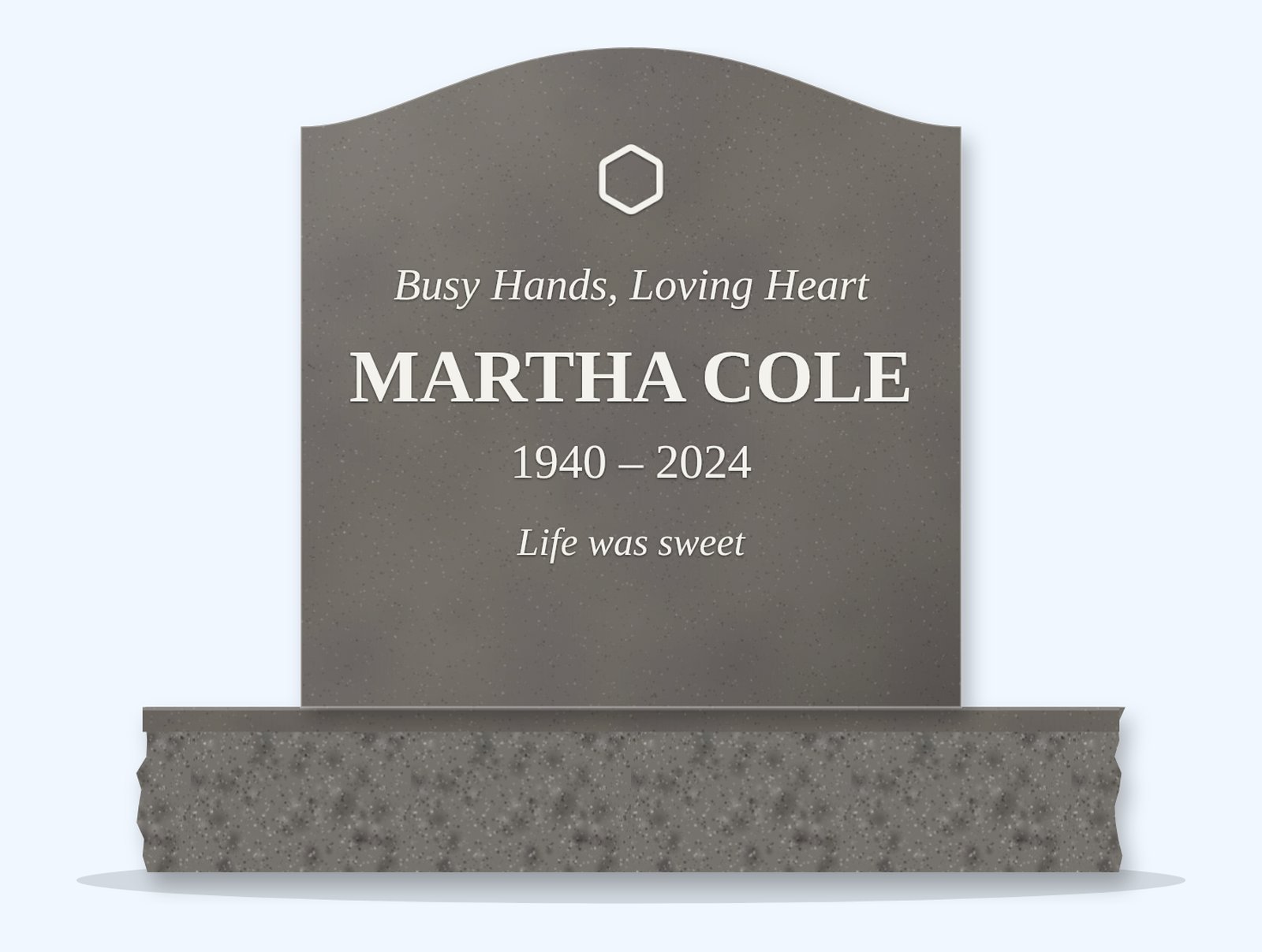 Steel Grey serpentine headstone on a granite base, engraved for Martha Cole