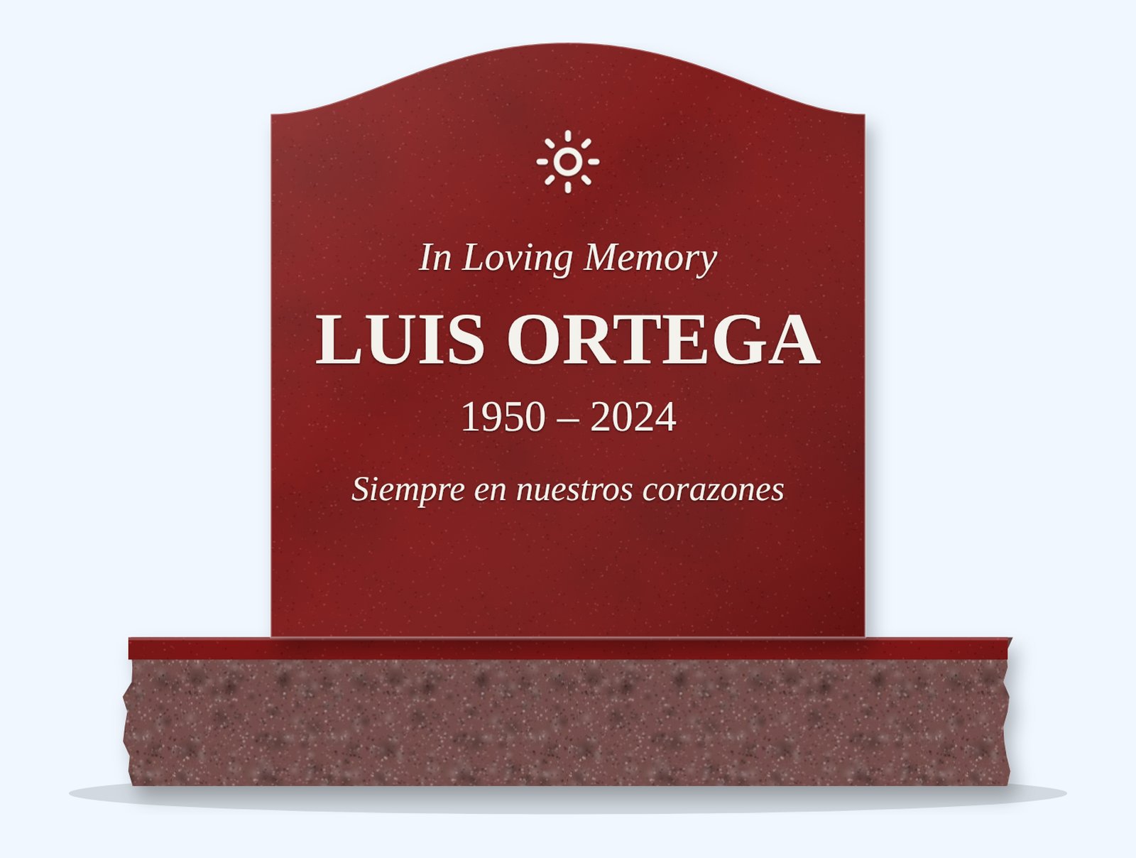 Indian Red serpentine headstone on a granite base, engraved for Luis Ortega