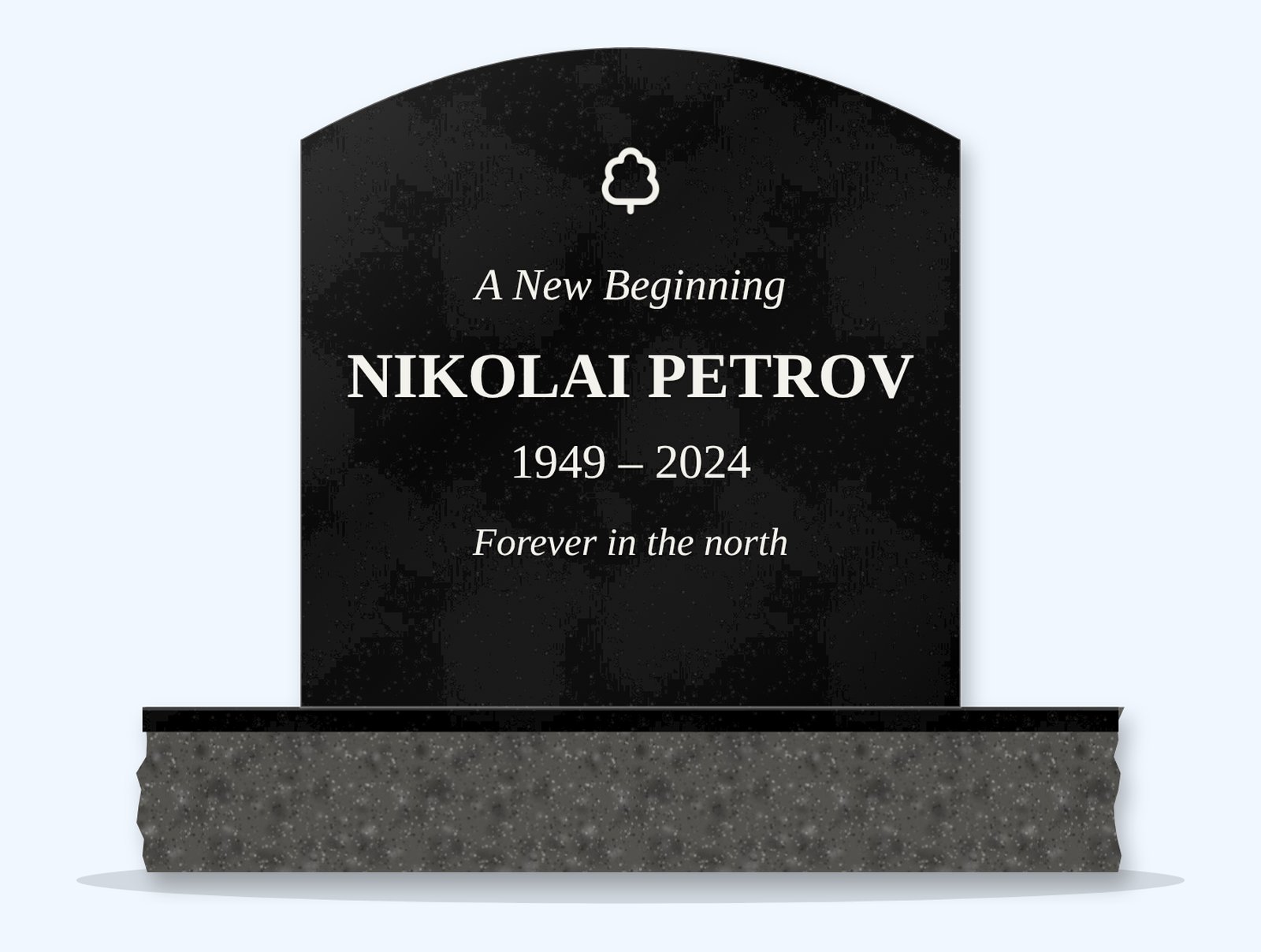 Absolute Black curved top headstone on a granite base, engraved for Nikolai Petrov
