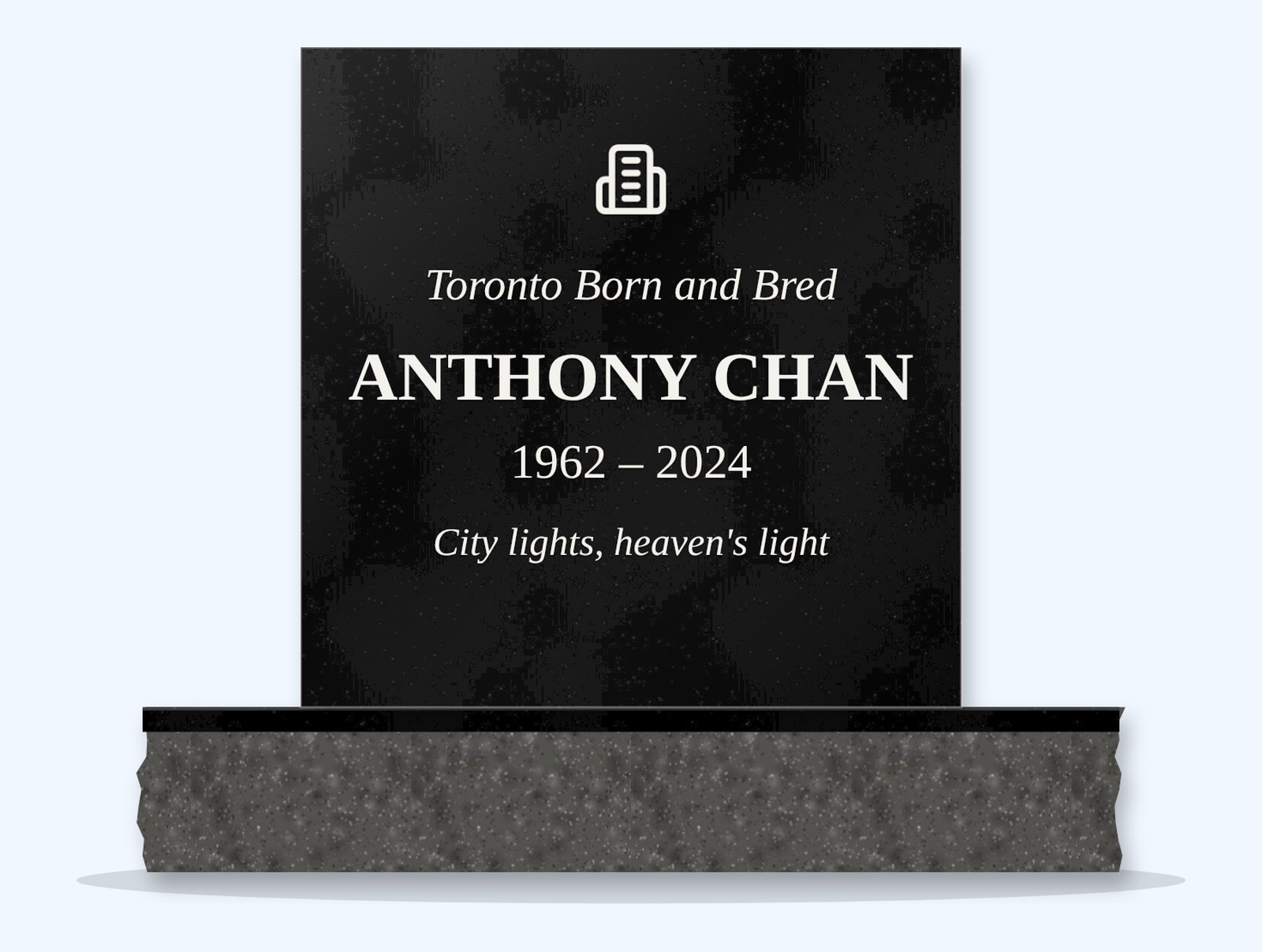 Absolute Black rectangle headstone on a granite base, engraved for Anthony Chan