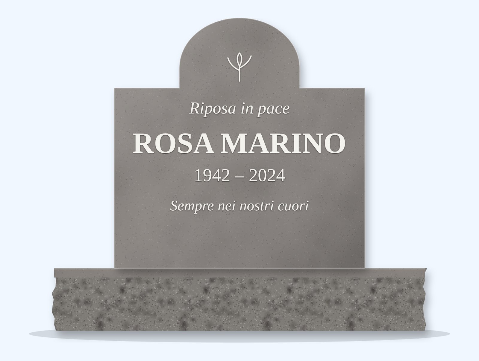 Indian Grey cathedral headstone on a granite base, engraved for Rosa Marino